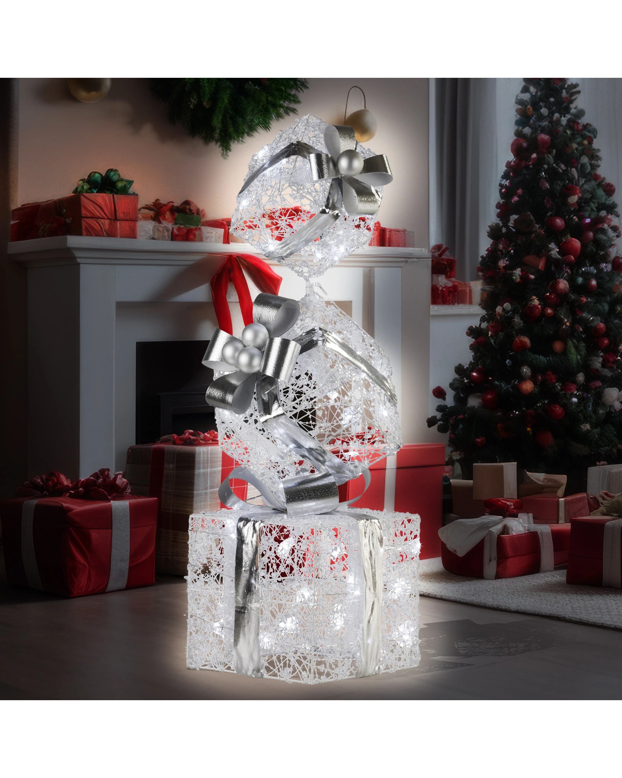 7 Christabelle 83cm Triple Christmas Silver Giftbox Stack Display With Lights, 7 of 7