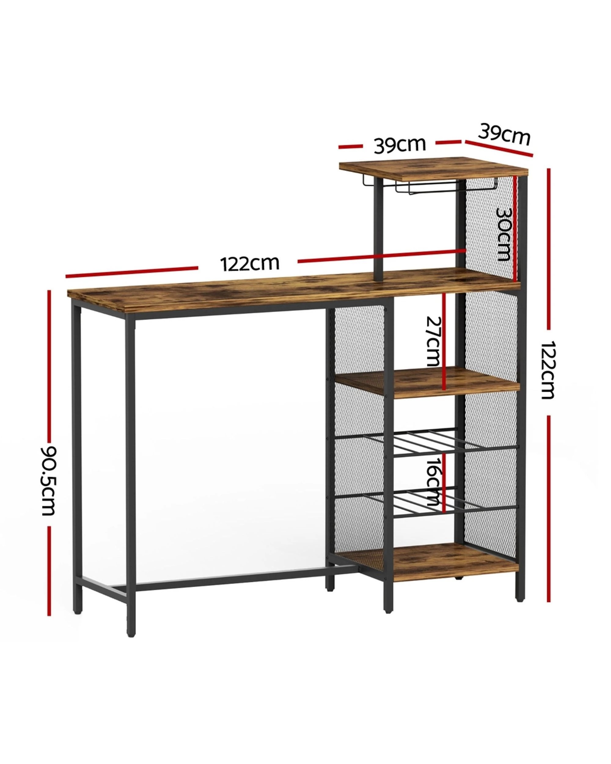 2 Artiss Industrial Bar Table With Wine Rack Cup Holder Multi-level Storage 122cm
 - Brown, 2 of 3