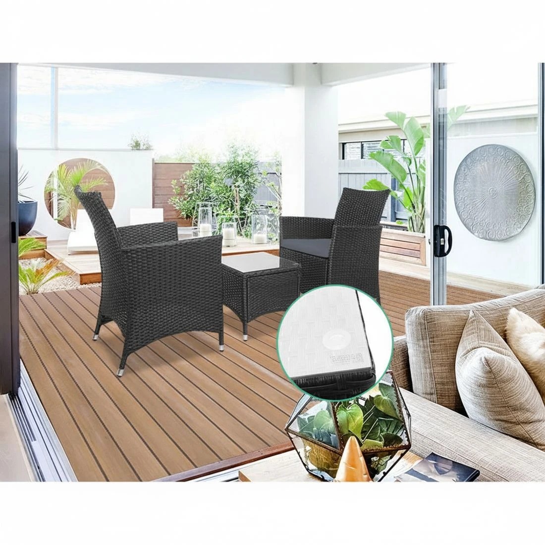 4 Gardeon 3PC Outdoor Bistro Set Patio Furniture Wicker Setting Chairs Table Cushion - Black, 4 of 8