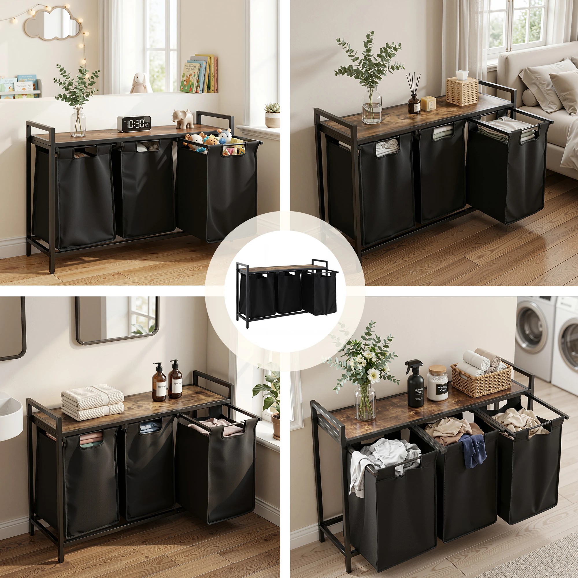 8 Artiss Laundry Basket with 3x45L Pull-out Removable Bags Metal Frame - Black, 8 of 9