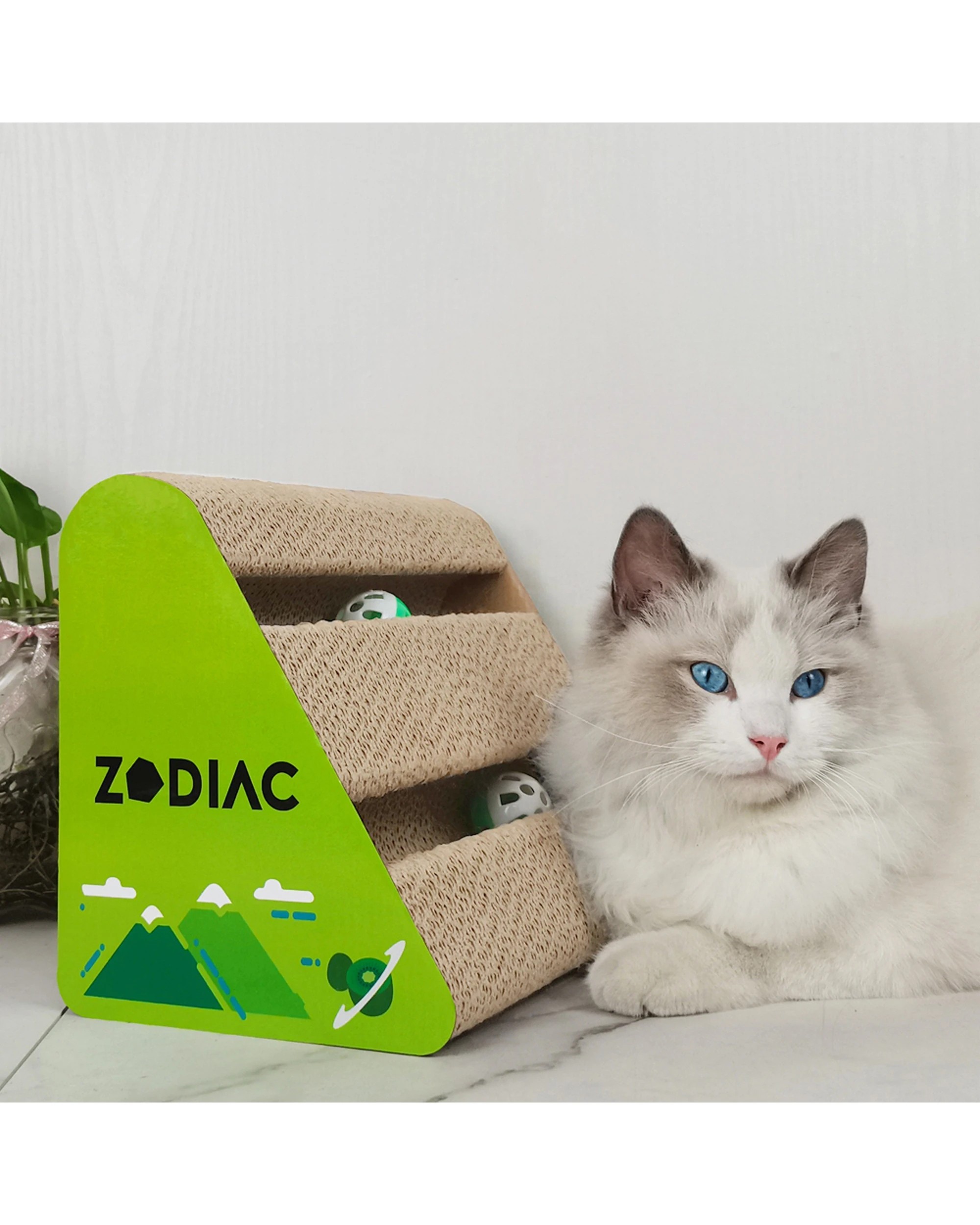 3 Zodiac Kiwi 28x17cm Triangle Cat Scratcher With Ball Durable Corrugated Cardboard Toy - Green, 3 of 5