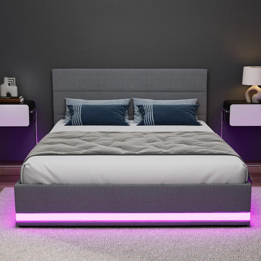 7 Artiss Bed Frame Queen Size LED Gas Lift  LUMI - Grey, 7 of 7