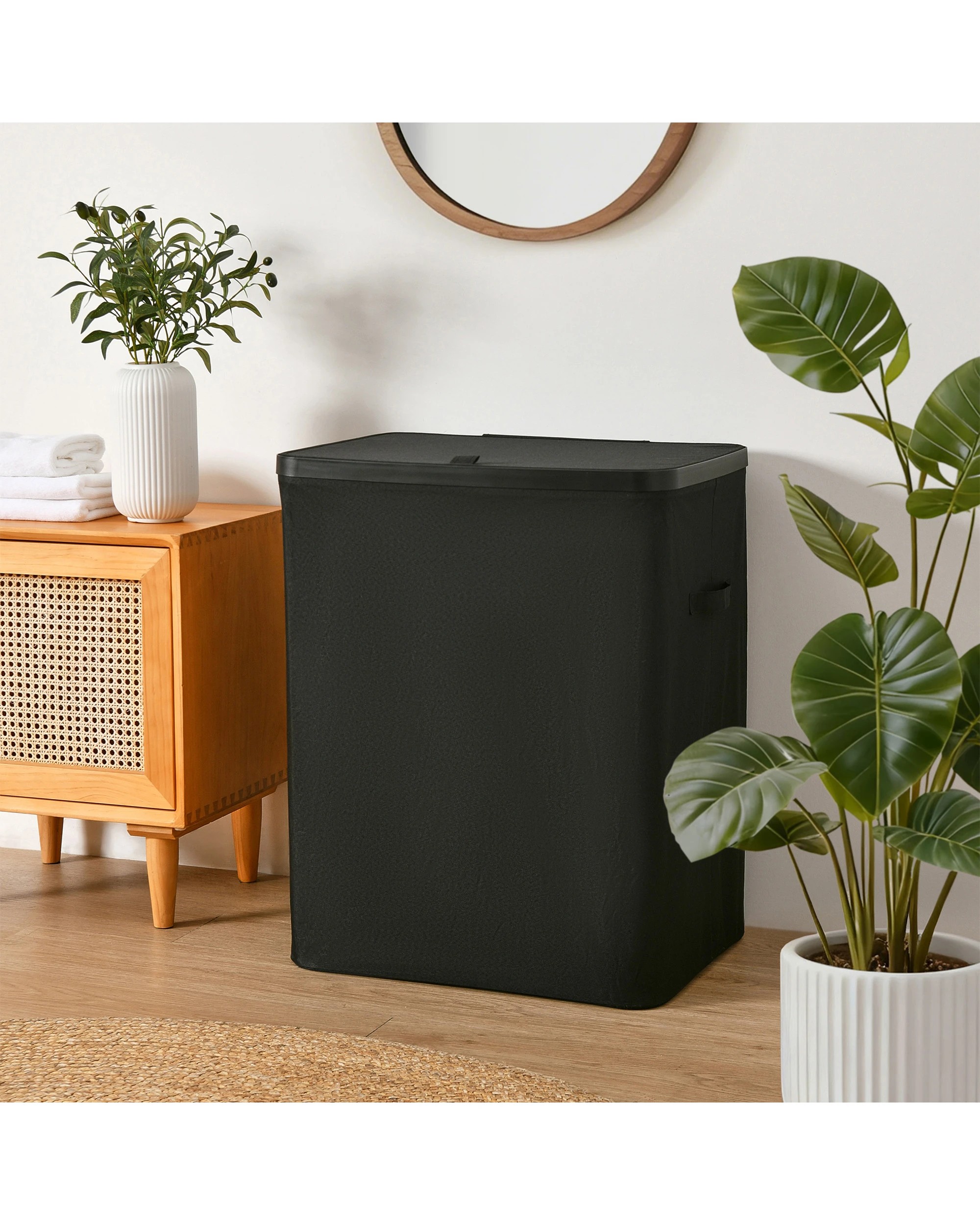 1 Sherwood Voyager 2-Section Laundry Hamper 100L Faux Linen 56x40x67cm - Black, 1 of 9
