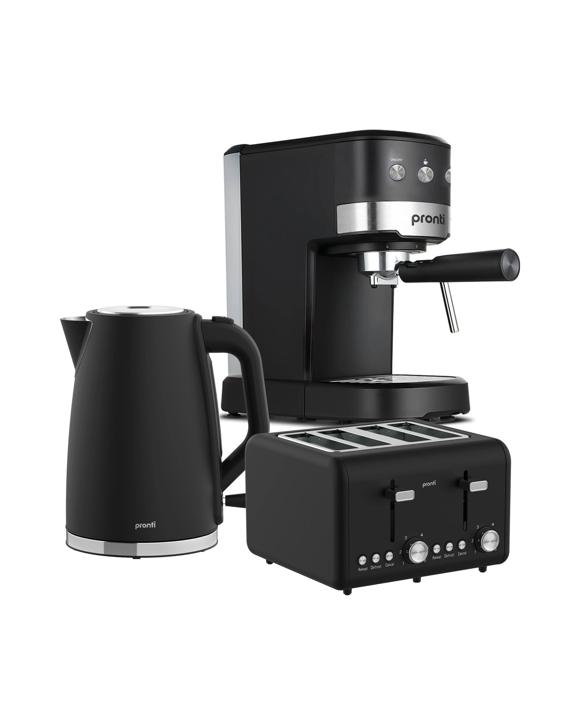 Pronti Breakfast Set with 1.25L Coffee Machine Silver Noir Toaster Kettle - Black