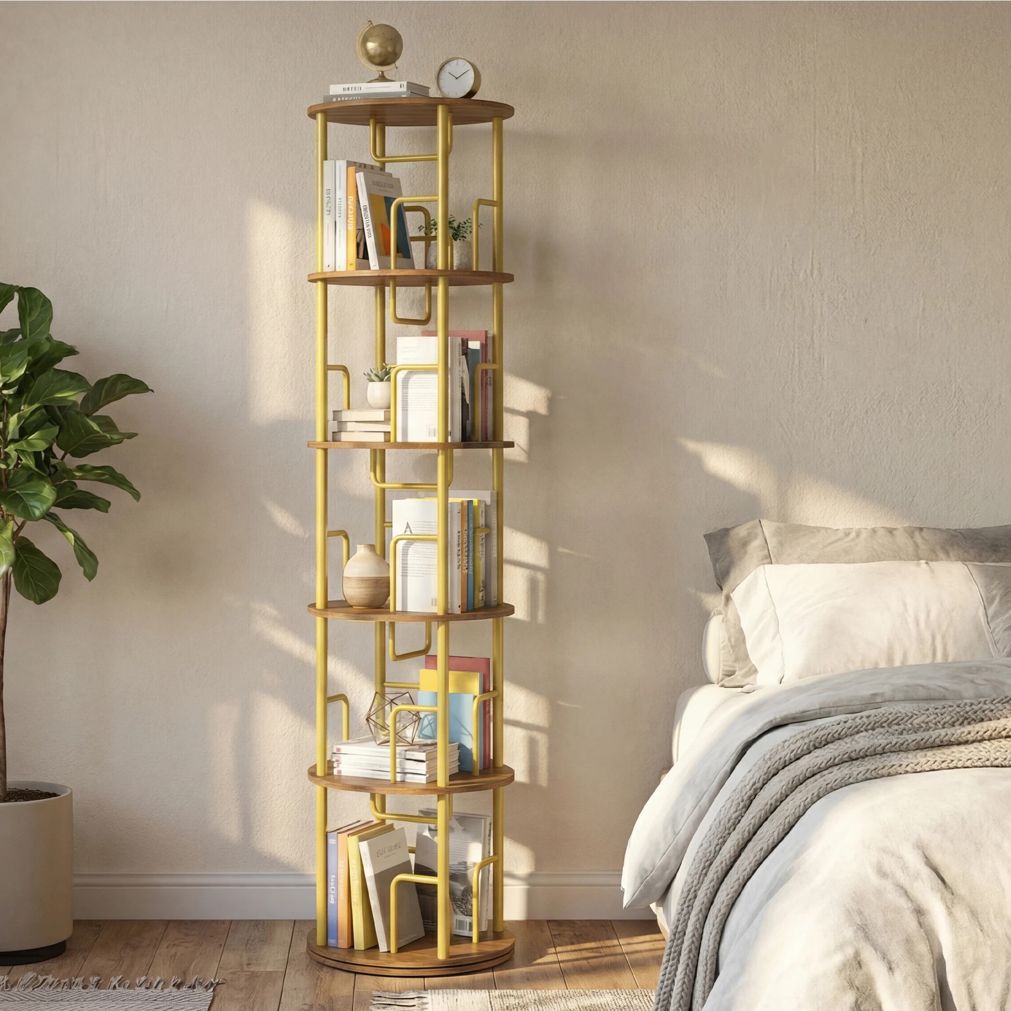 5 Advwin 5 Tier Rotating Bookshelf Round Corner Standing Display Shelf Organizer - Gold, 5 of 6