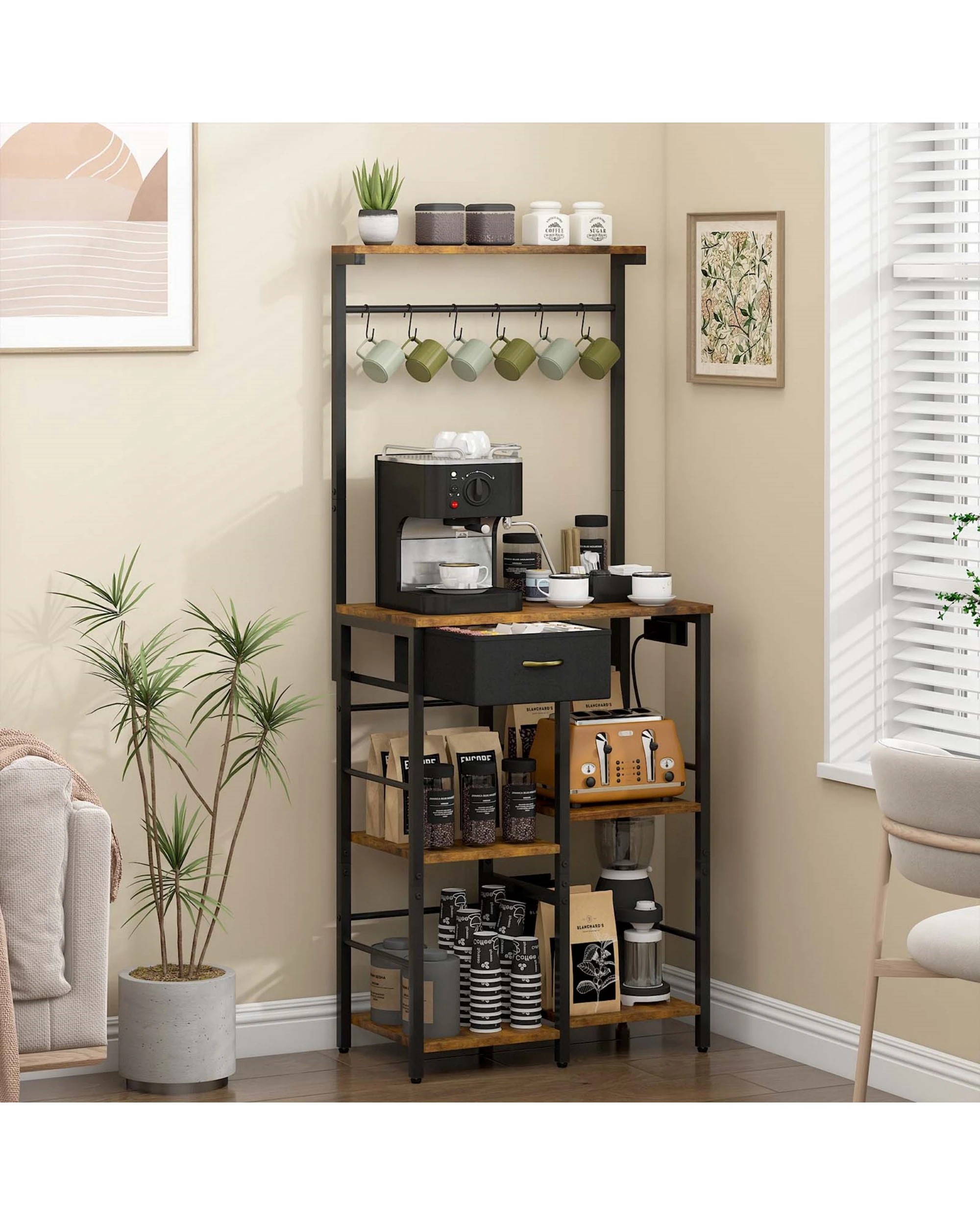6 Advwin Coffee Bar Station 5 Tier Coffee Stand with Drawer Kitchen Bakers Rack with Power Outlet, 6 of 8