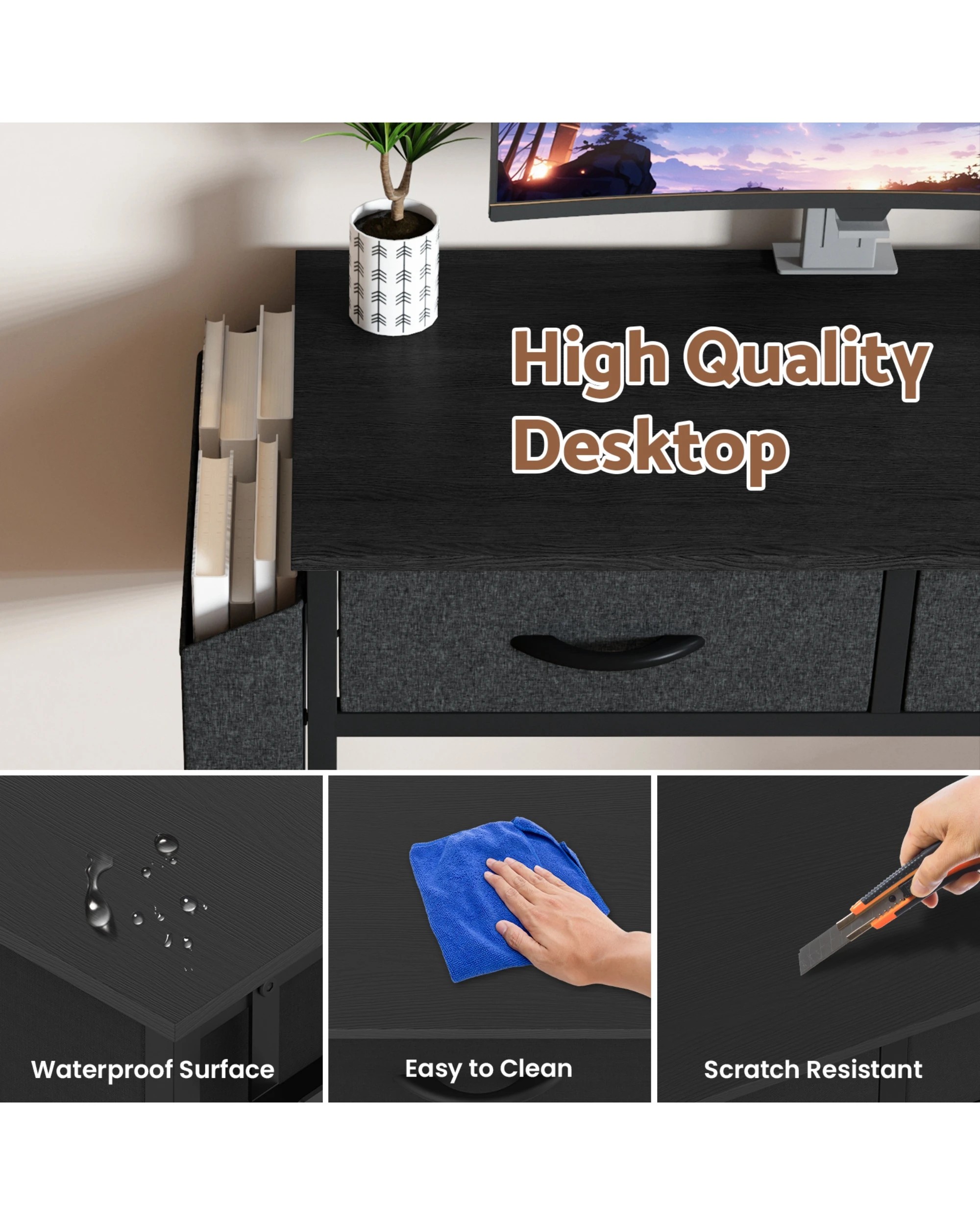 3 Advwin 100cm Small Desk With 2 Drawers And Storage Bag Makeup Vanity Desk Black, 3 of 9