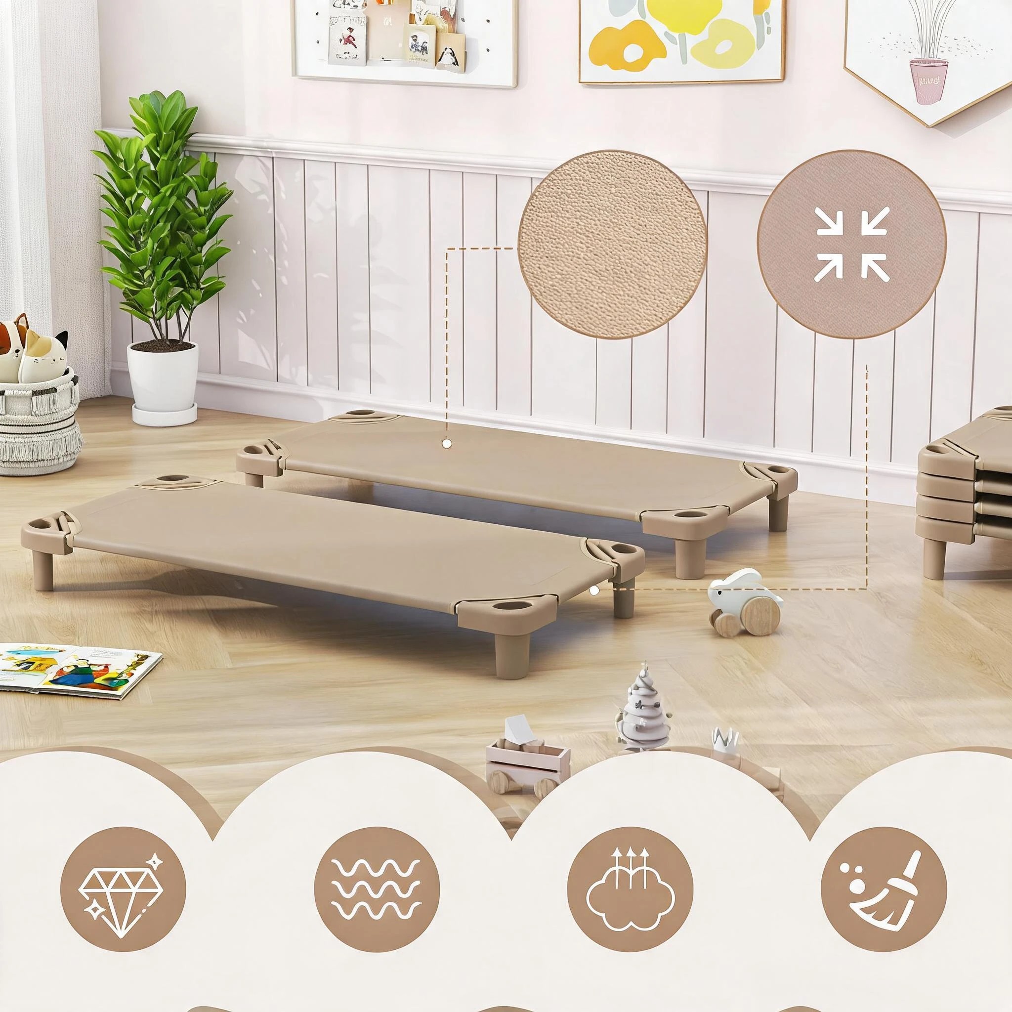 4 Costway 1.3m 6PCS Stackable Daycare Cot Space-saving Portable Sleeping Bed Mat - Brown, 4 of 7