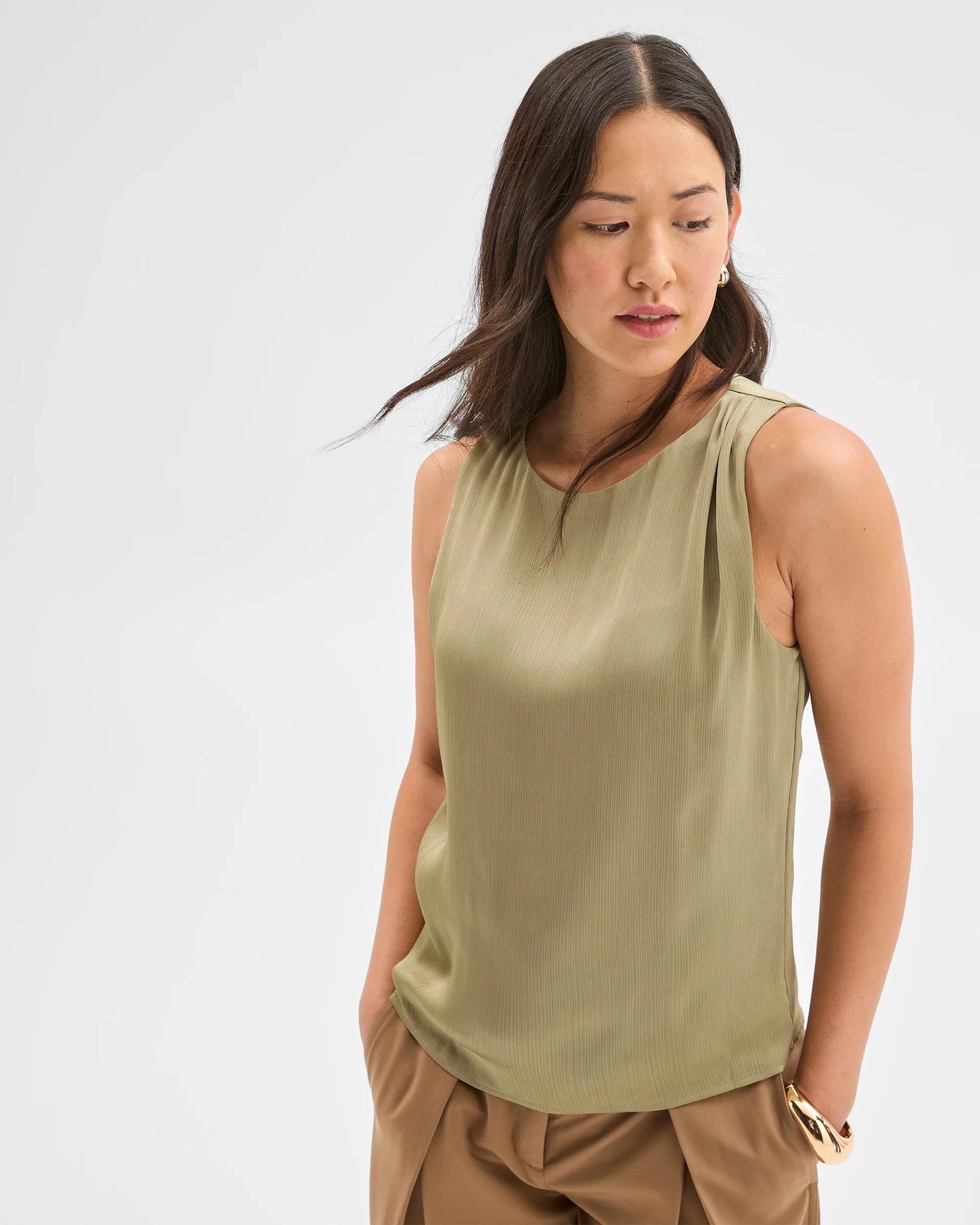 3 Preview Sleeveless Shoulder Pleat Detail Blouse MOSS, 3 of 8