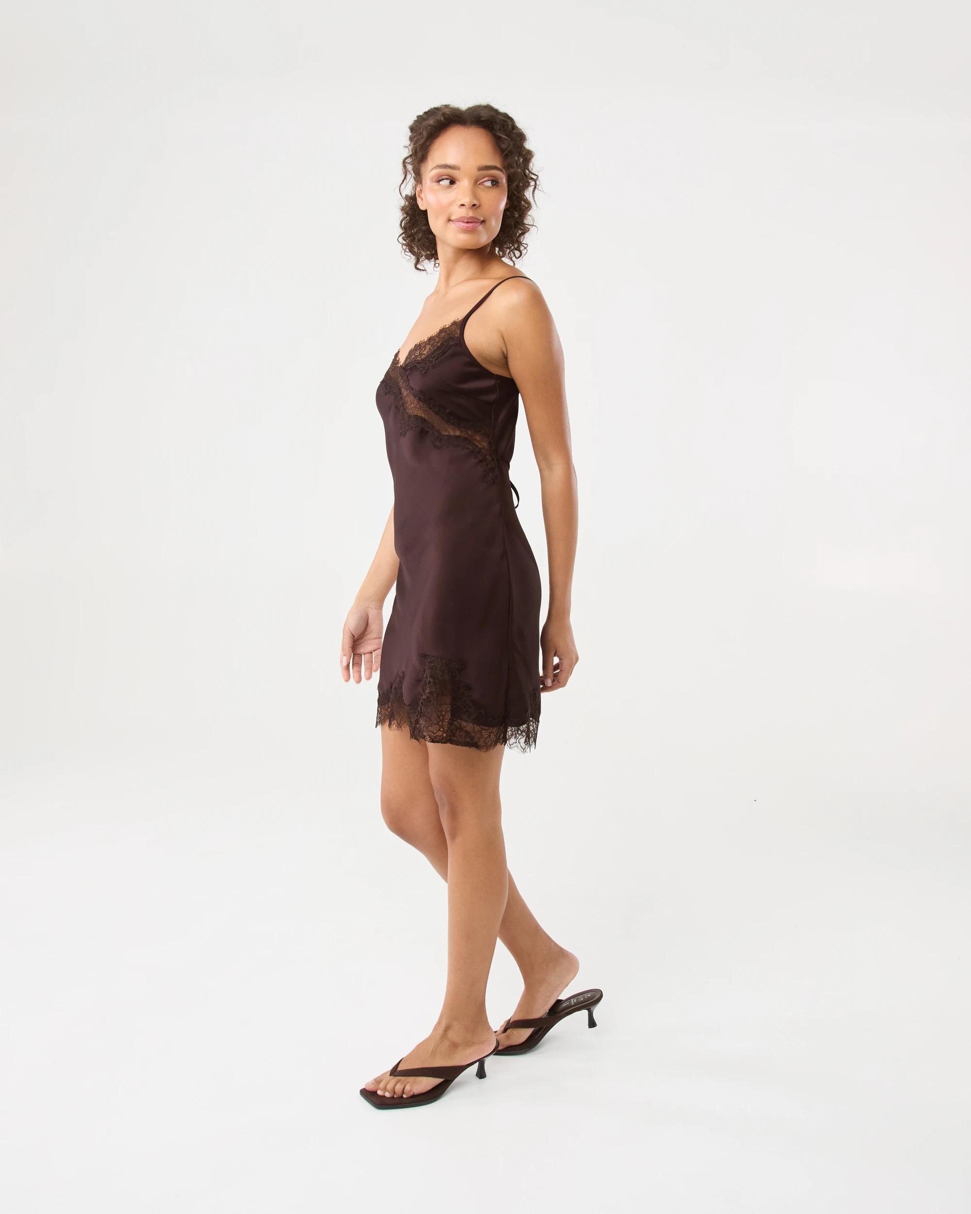 3 Sleeveless Satin Lace Mini Dress Choc Plum, 3 of 7