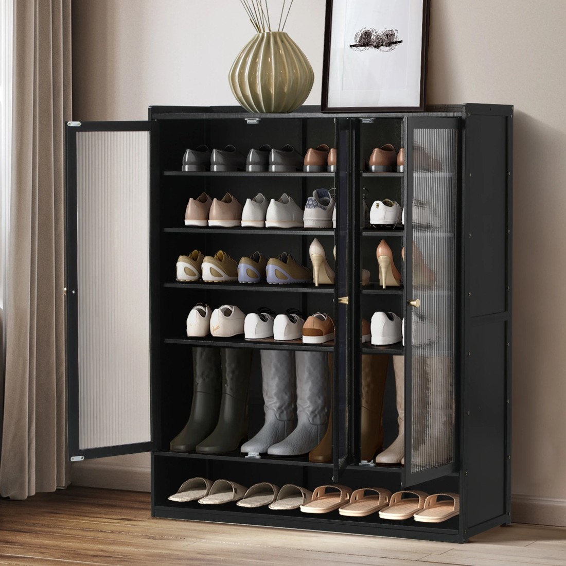 3 Oikiture Shoe Cabinet Shoes Storage Rack Organiser 3 Doors Shelf
 - Black, 3 of 9