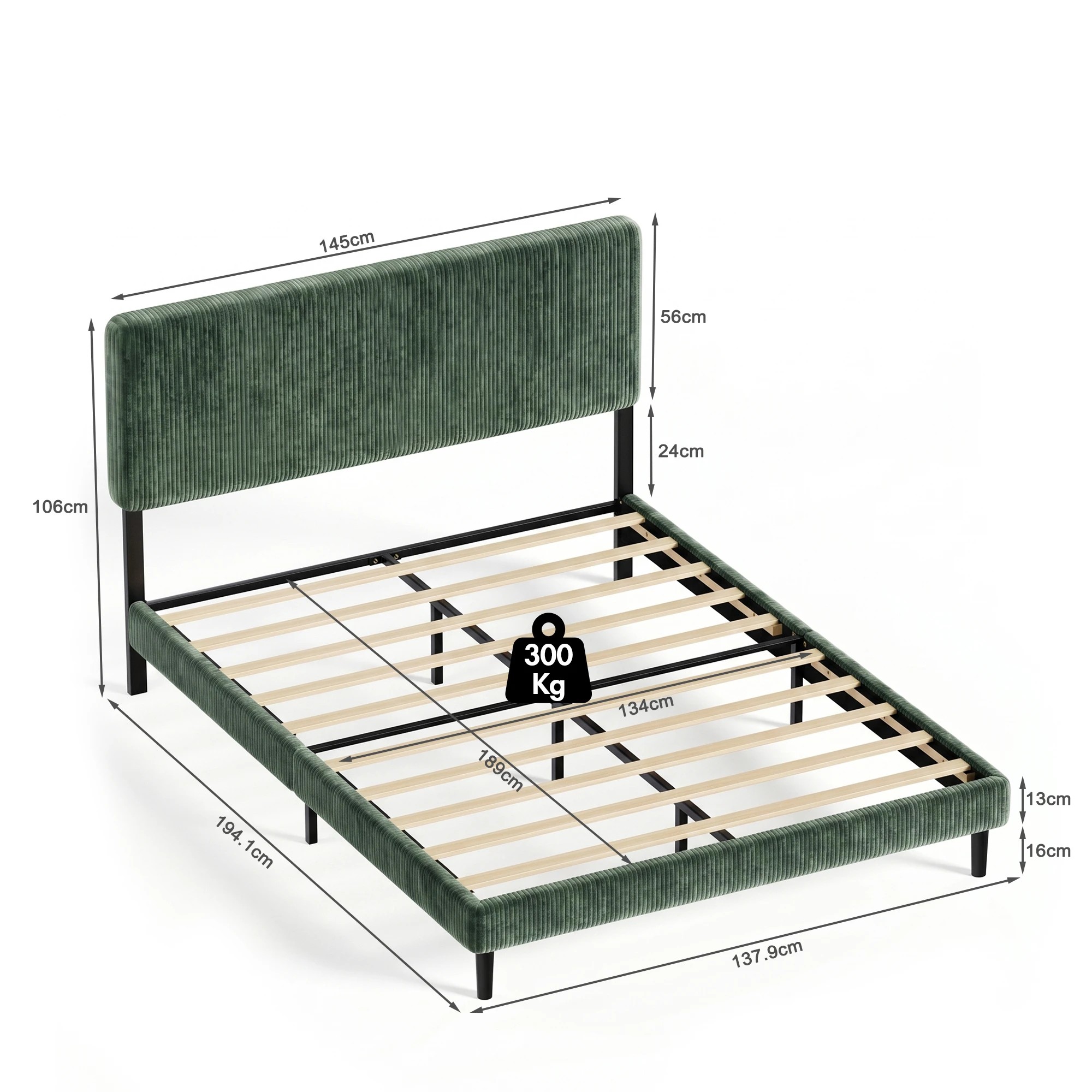 3 Advwin Double Corduroy Upholstered Bed with Adjustable Headboard - Green, 3 of 7