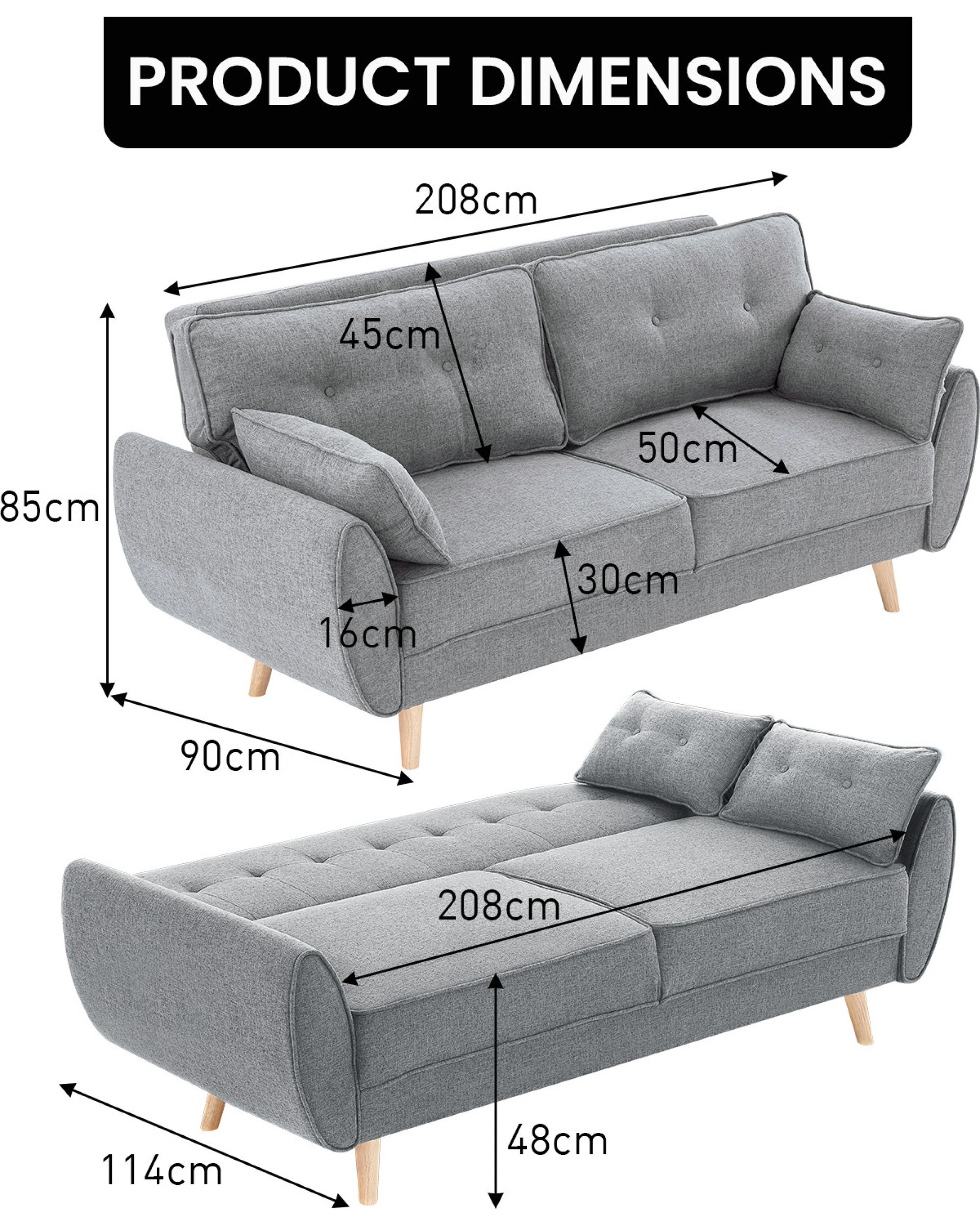 2 Elle Button-tufted Fabric Sofa Bed With Cushions By Sarantino Light Grey, 2 of 10