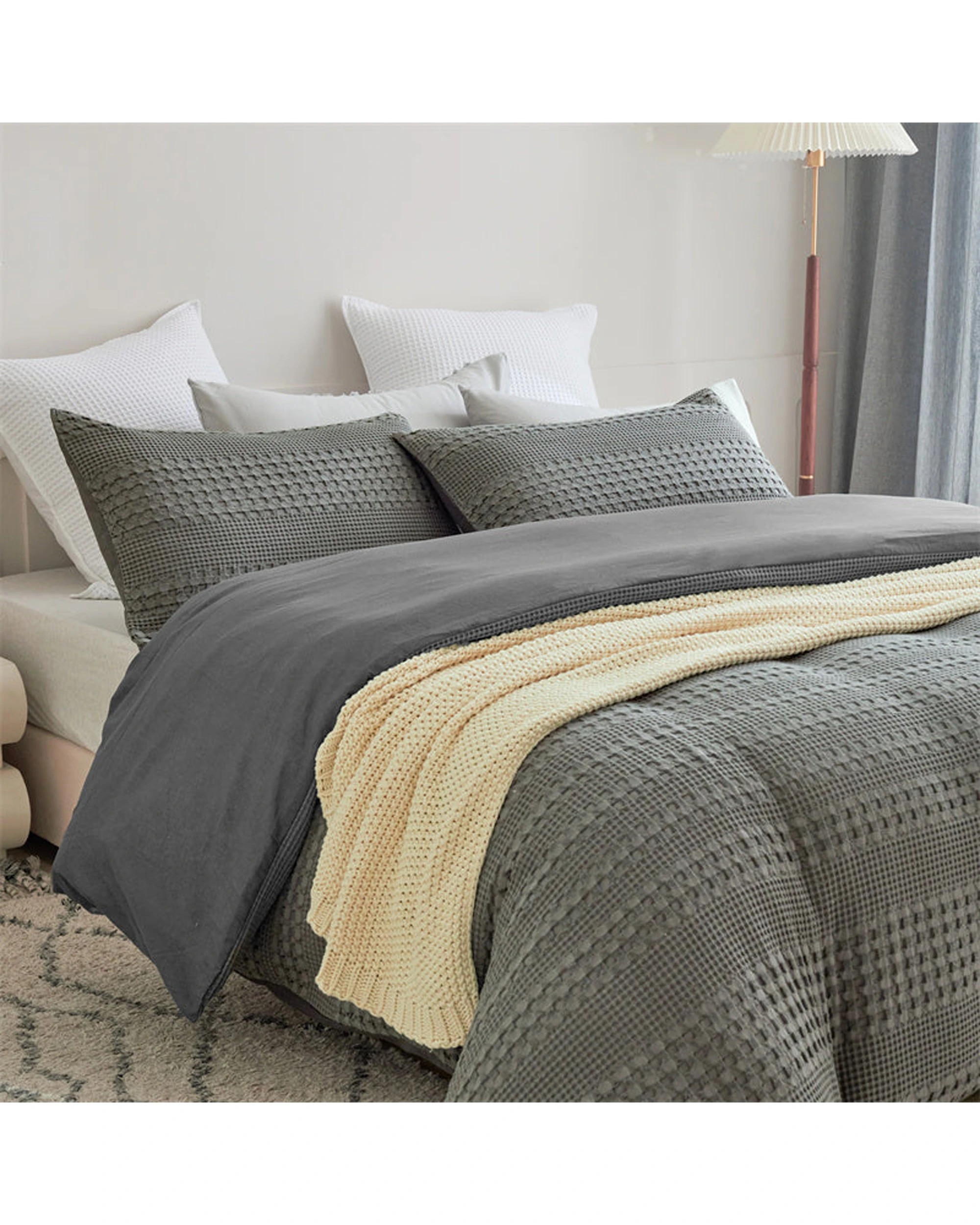5 Cotton More 100% Cotton Striped Large Waffle Pattern Quilt Doona Set Queen - Grey, 5 of 7