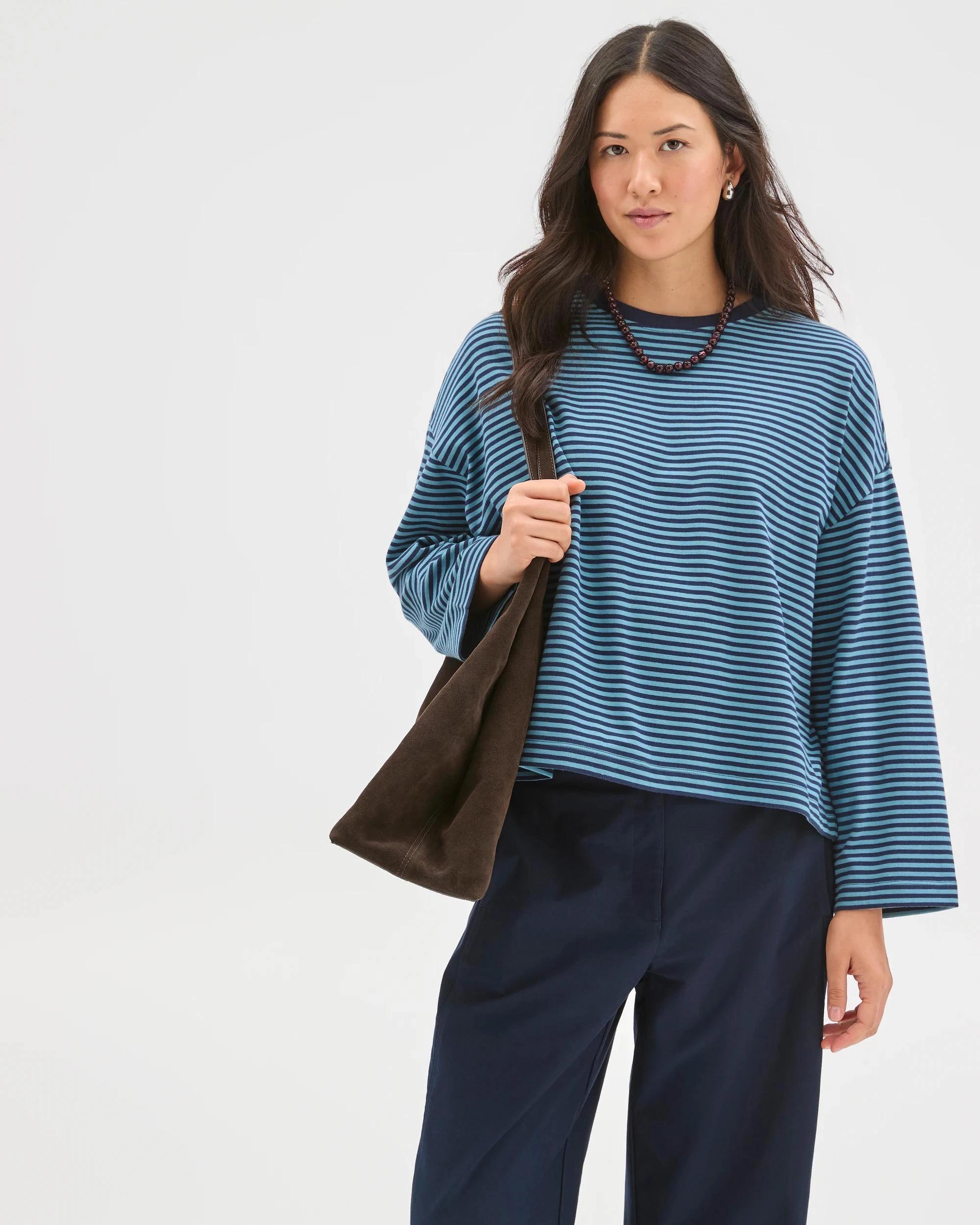 1 Target Woman Australian Cotton Long Sleeve Heavyweight Oversized T-Shirt INK NAVY/DUSTY BLUE STRIPE, 1 of 8
