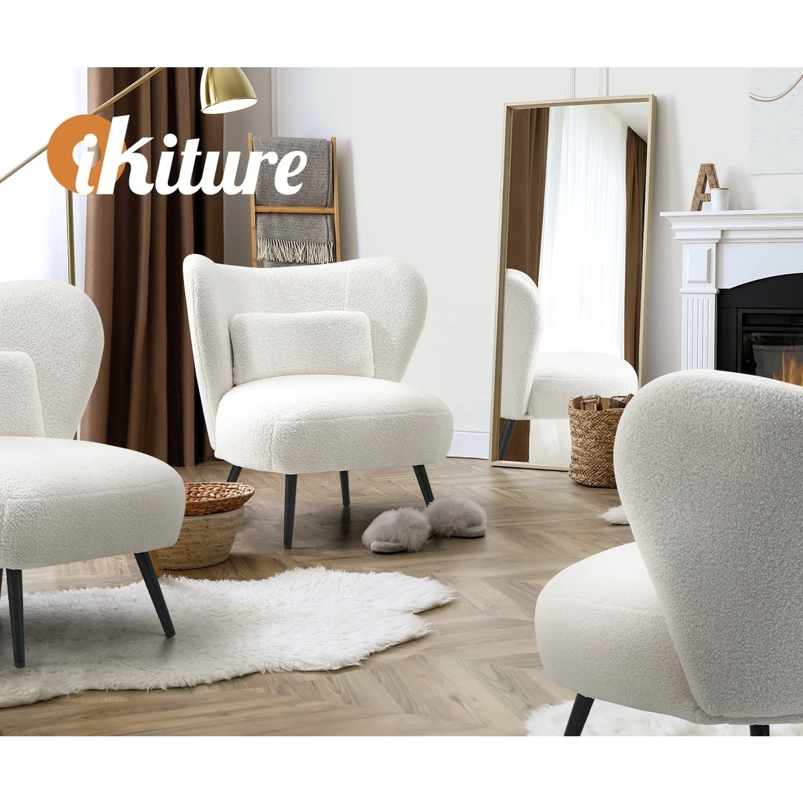 5 Oikiture 2x Armchair Lounge Chair with Lumbar Pillow Wingback Boucle - White, 5 of 10
