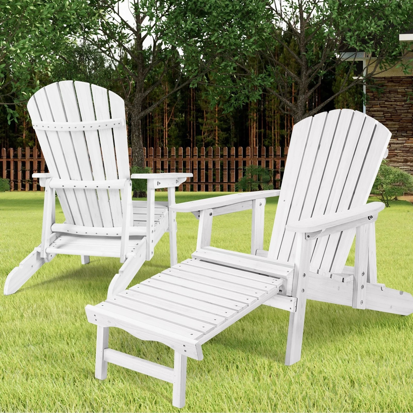 10 Alfordson 2x Outdoor Chairs Wooden Adirondack w/ Ottoman Patio Beach Garden - White, 10 of 10
