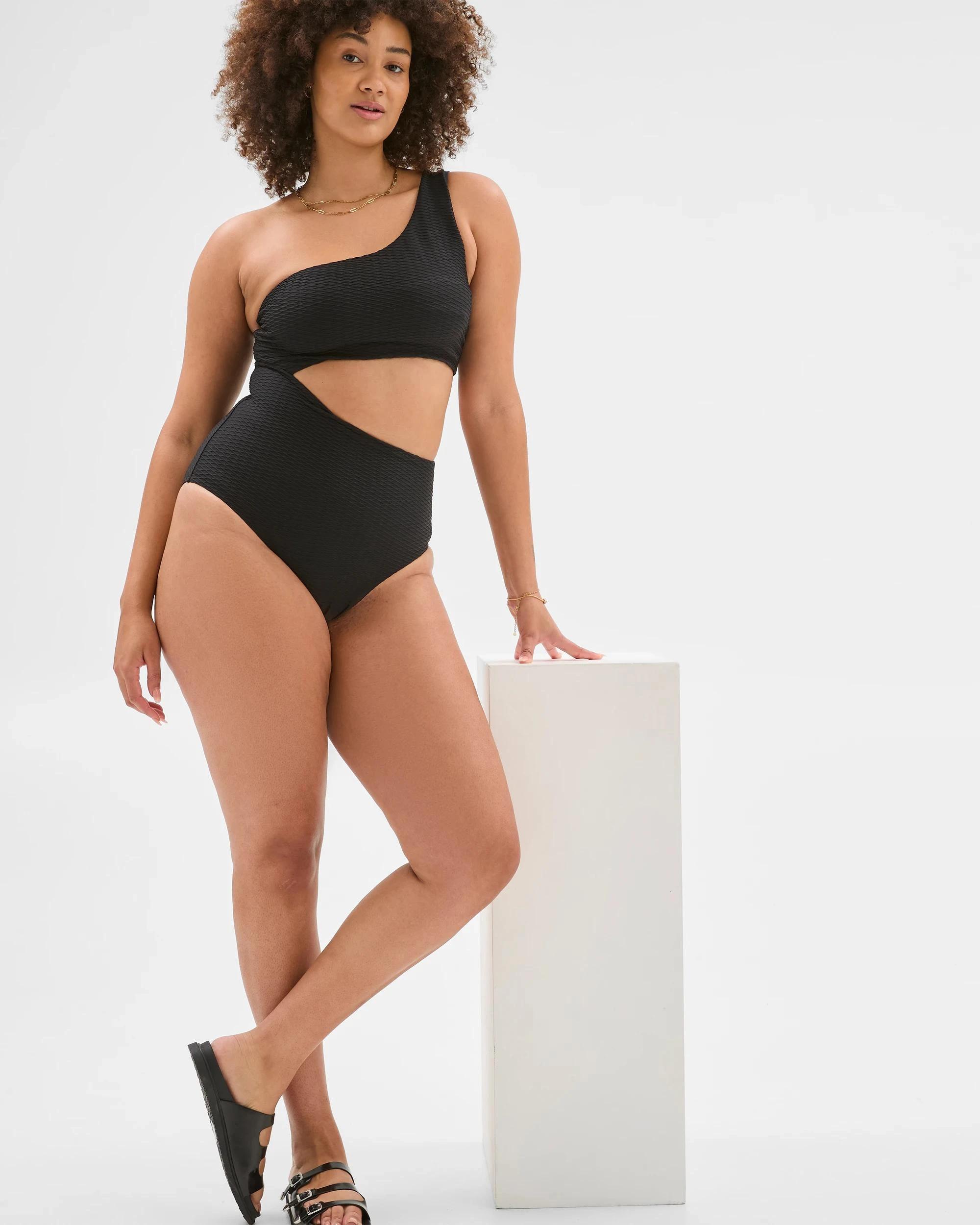 2 Target Textured One Shoulder One Piece Swimsuit BLACK, 2 of 6