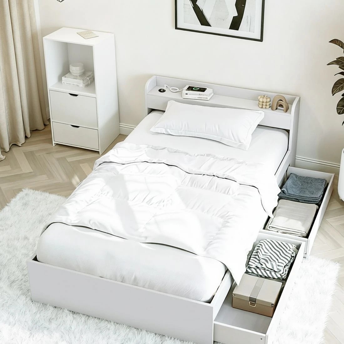 5 Artiss Single Bed Frame and Bedside Table - White, 5 of 10