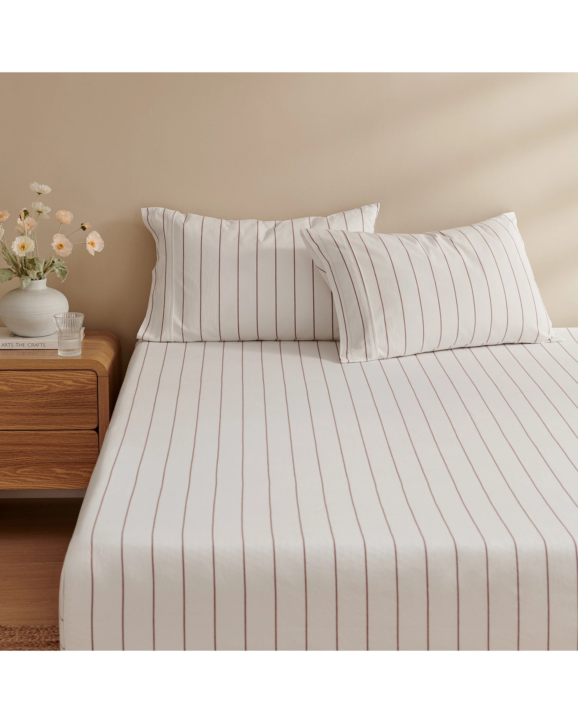 2 Dreamaker Rumi Stripe Washed Cotton Fitted Sheet Set - King Single Bed - White with Rust, 2 of 6