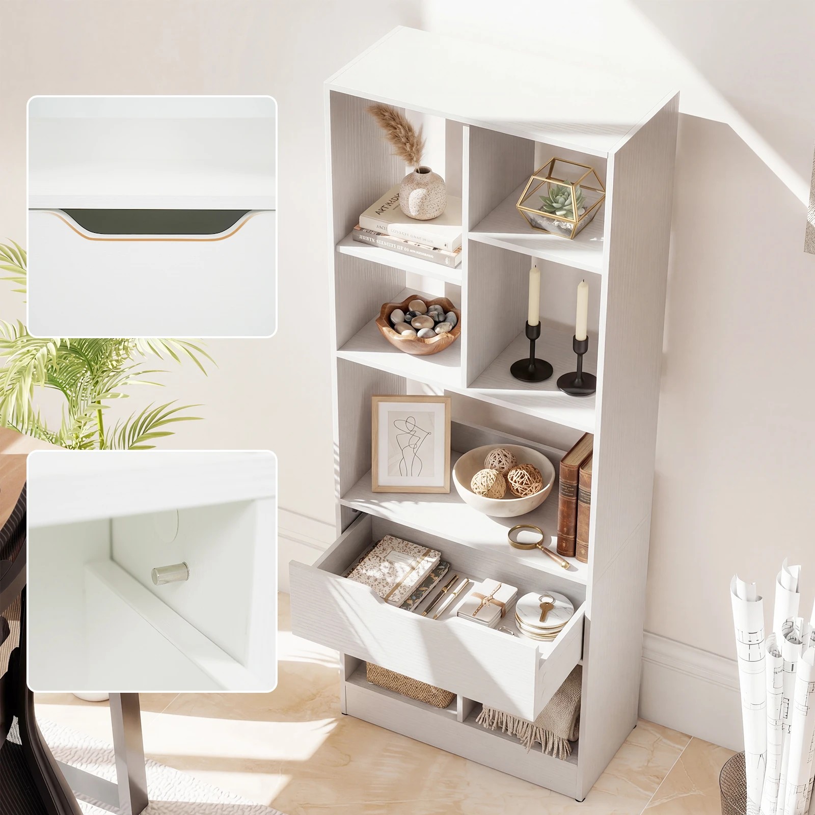 4 Costway 7 Cube Tall Bookshelf Bookcase w/Drawer Floor Display Rack Home Office - White, 4 of 5