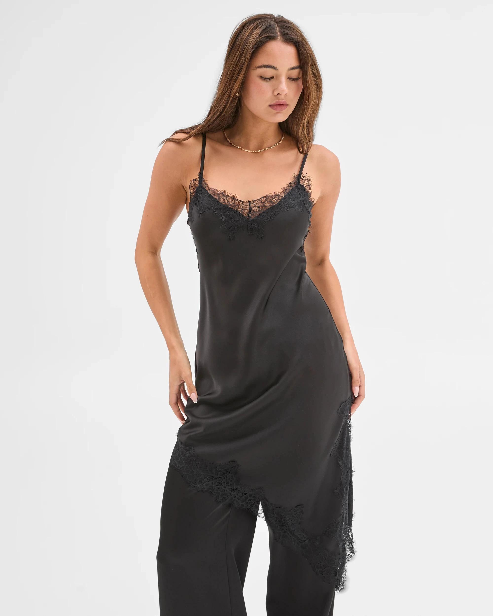 4 Lily Loves Satin Lace Trim Cami Midi Dress BLACK, 4 of 6