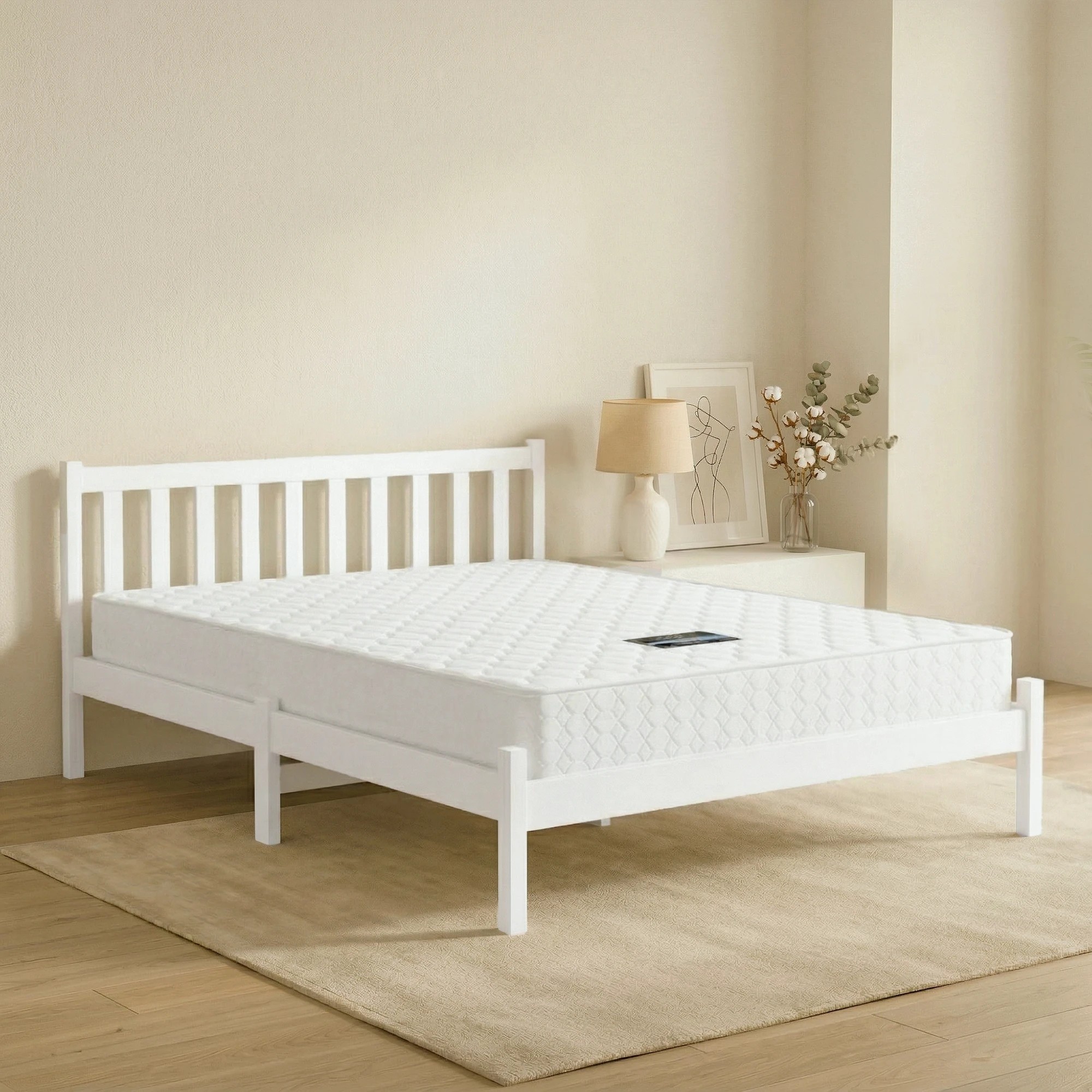 9 Giselle Double Mattress with Artiss Wooden Bed Frame Set Solid Pine Base - Double Bed - White, 9 of 9
