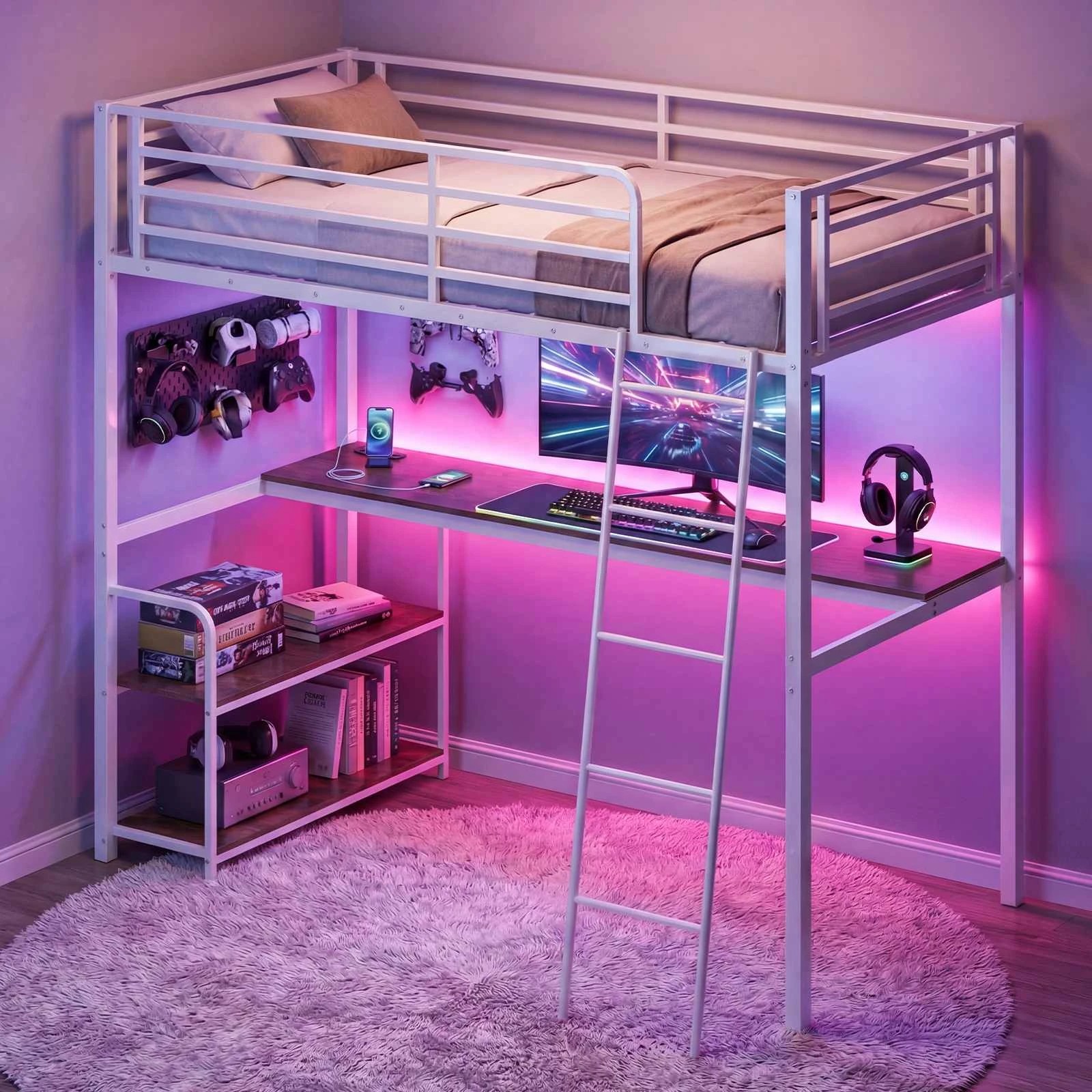 3 Costway Single Loft Bed Frame 2-in-1 Metal Bunk Bed w/Desk & Charging Station - White, 3 of 5