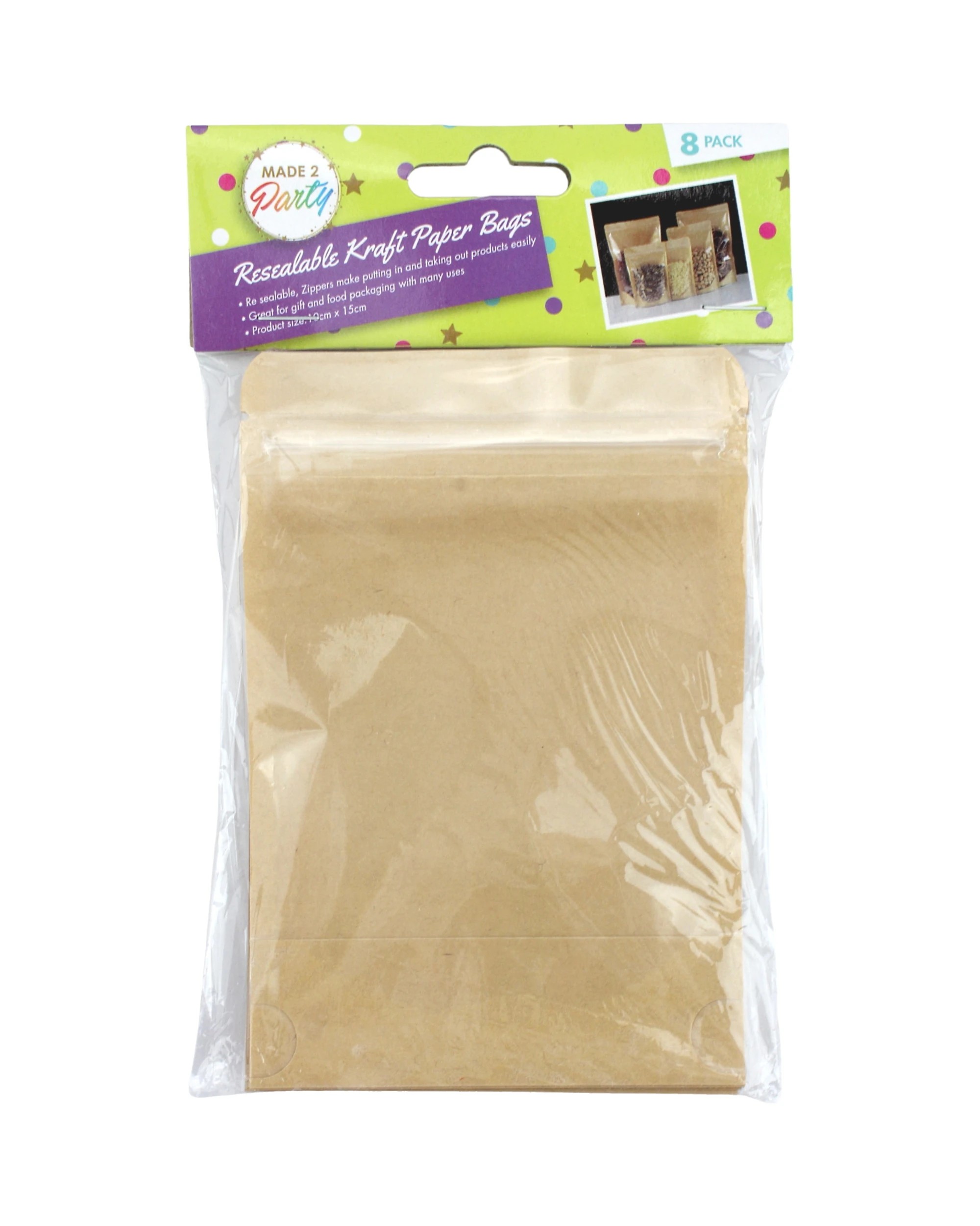 2 Made 2 Party Paper Resealable Bags with Windows 15cm 8 Pack - Brown, 2 of 3