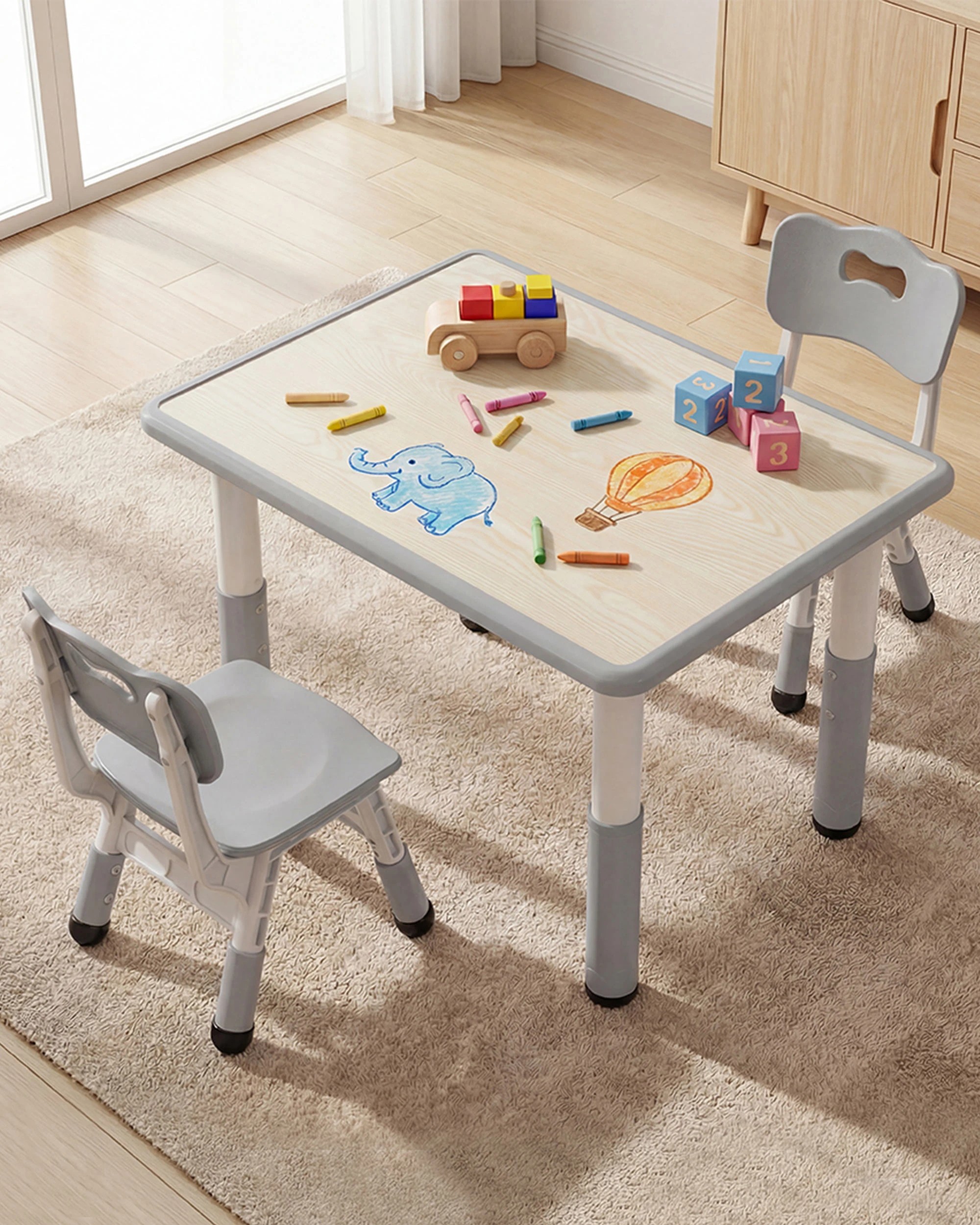 6 PlayPals Kids Table Chairs Set Height Adjustable Toddler Activity Table 80x60cm Grey, 6 of 6