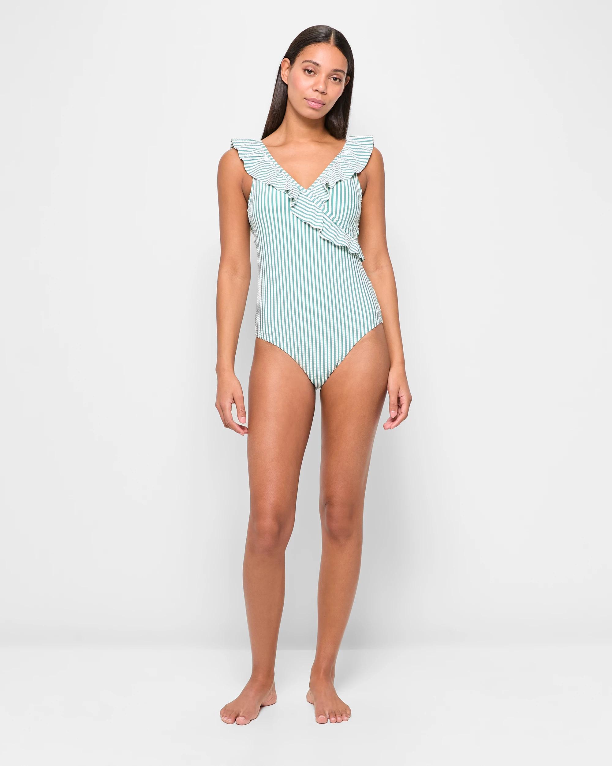 2 Target Resort Seersucker Frill Wrap One Piece Bathers - Shape Your Body SAGE/WHITE STRIPE, 2 of 5