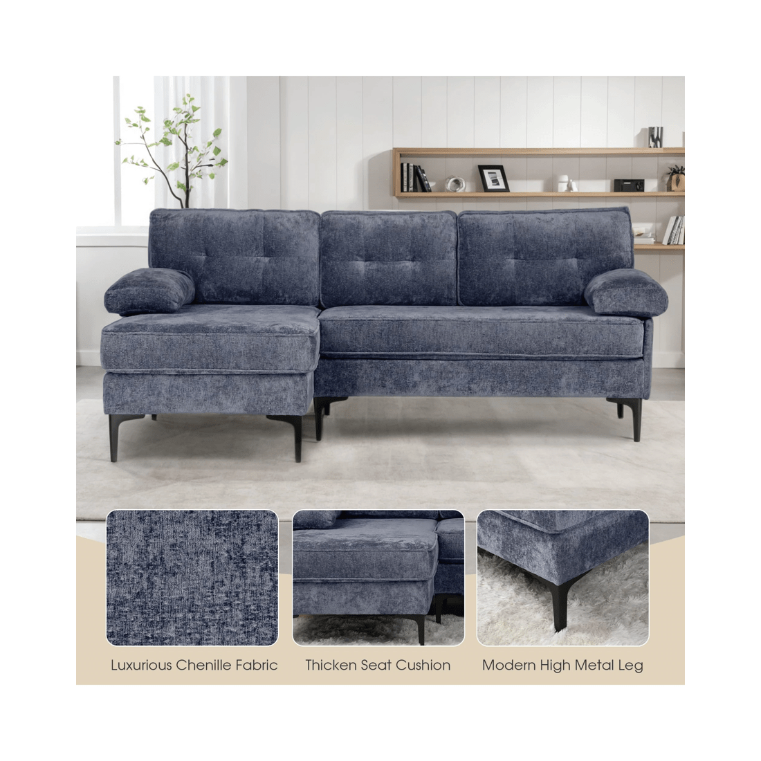 3 Advwin 3 Seater Sofa L-shape Chenille Lounge Couch W/ Reversible Chaise Blue, 3 of 9