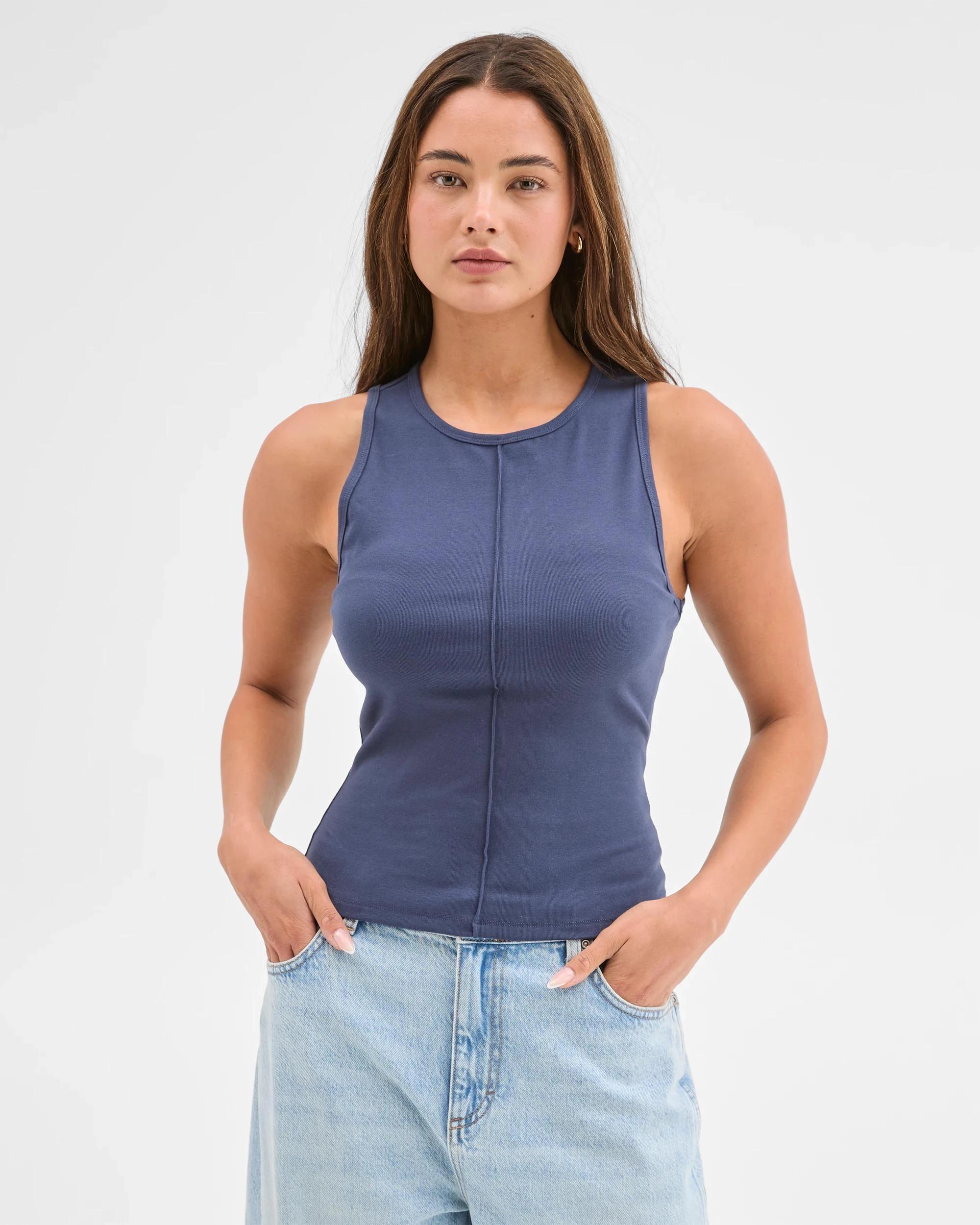 5 Lily Loves Australian Cotton Blend Exposed Seam Tank Top DUSTY BLUE, 5 of 6