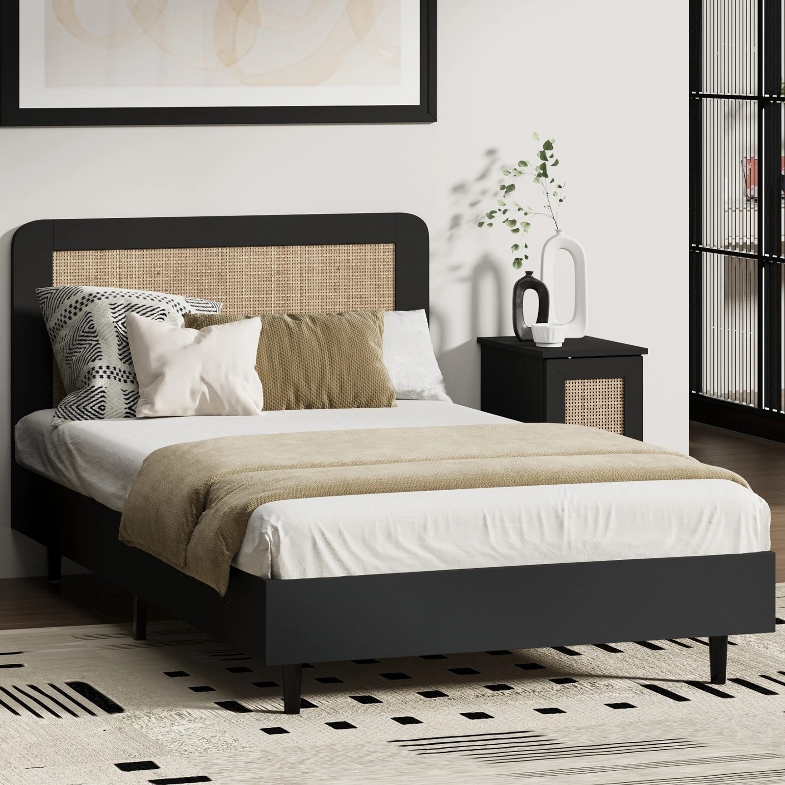 3 Oikiture Bed Frame Single Size Beds Real Rattan Headboard - Black, 3 of 10