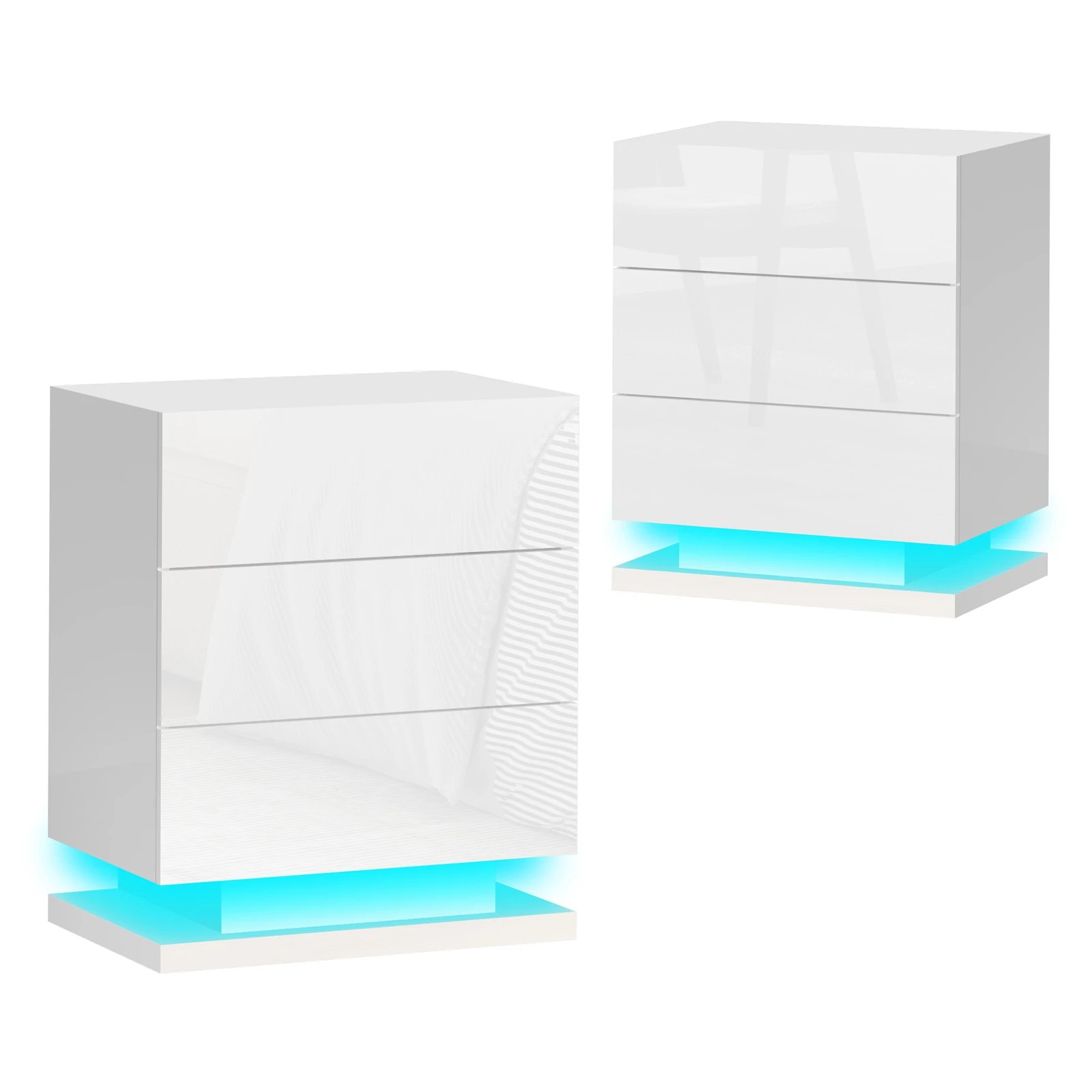 1 Alfordson 2x Bedside Table LED Nightstand 3 Drawers Gloss - White, 1 of 10