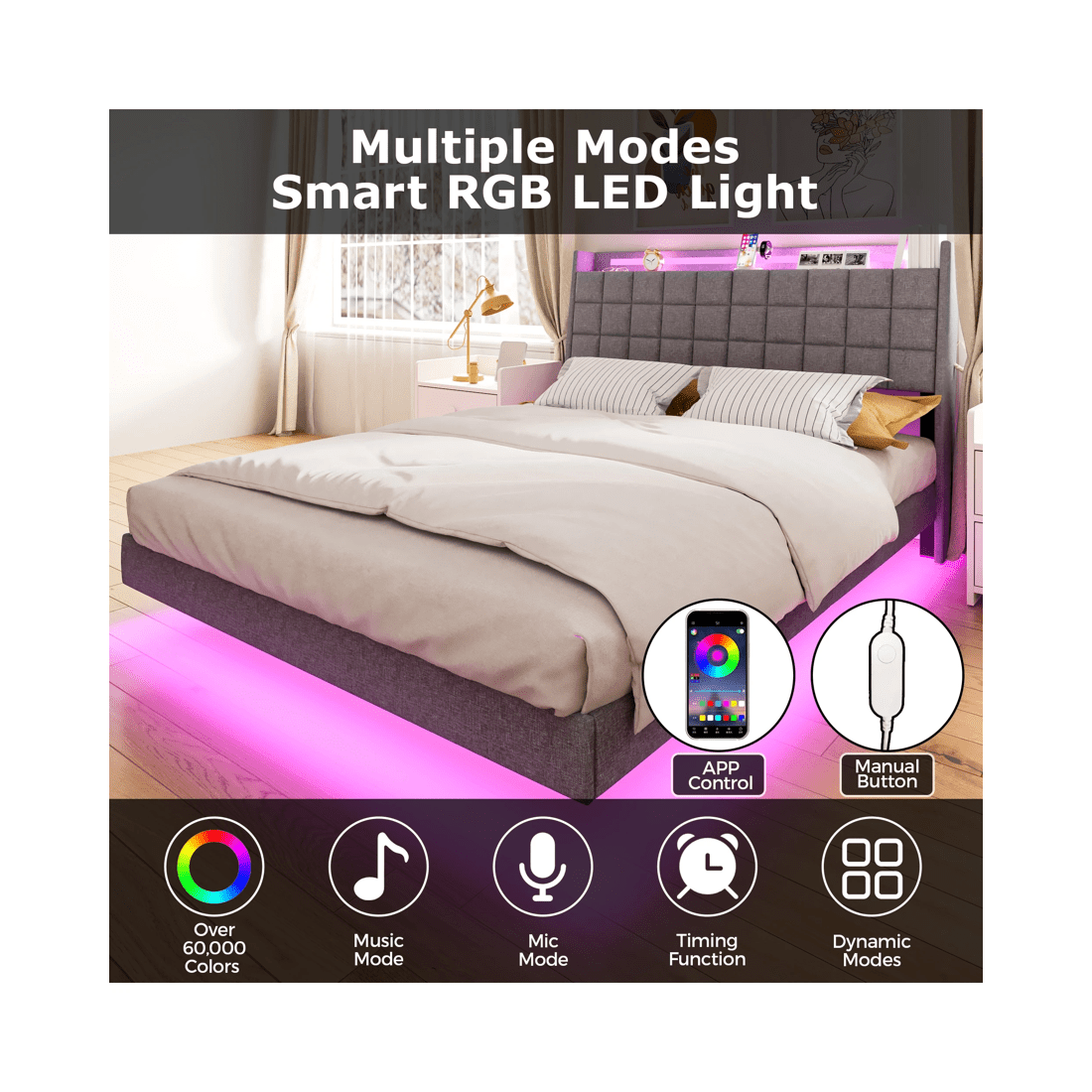 5 Advwin Queen Floating Bed Frame With Led Lights And Storage Headboard Dark Grey, 5 of 9