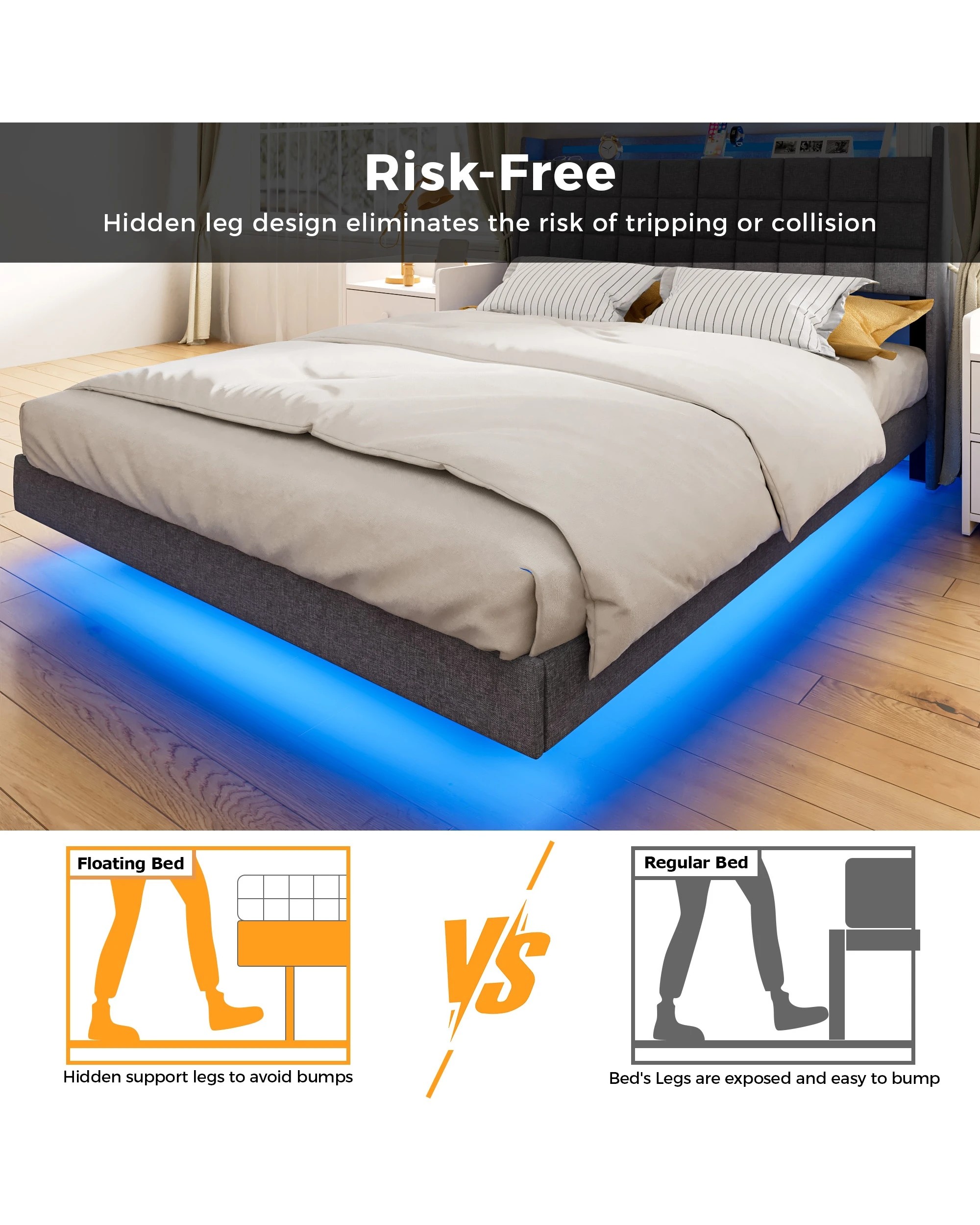 7 Advwin Queen Size Floating Bed Frame with Led Lights and Storage Headboard Dark Grey, 7 of 9