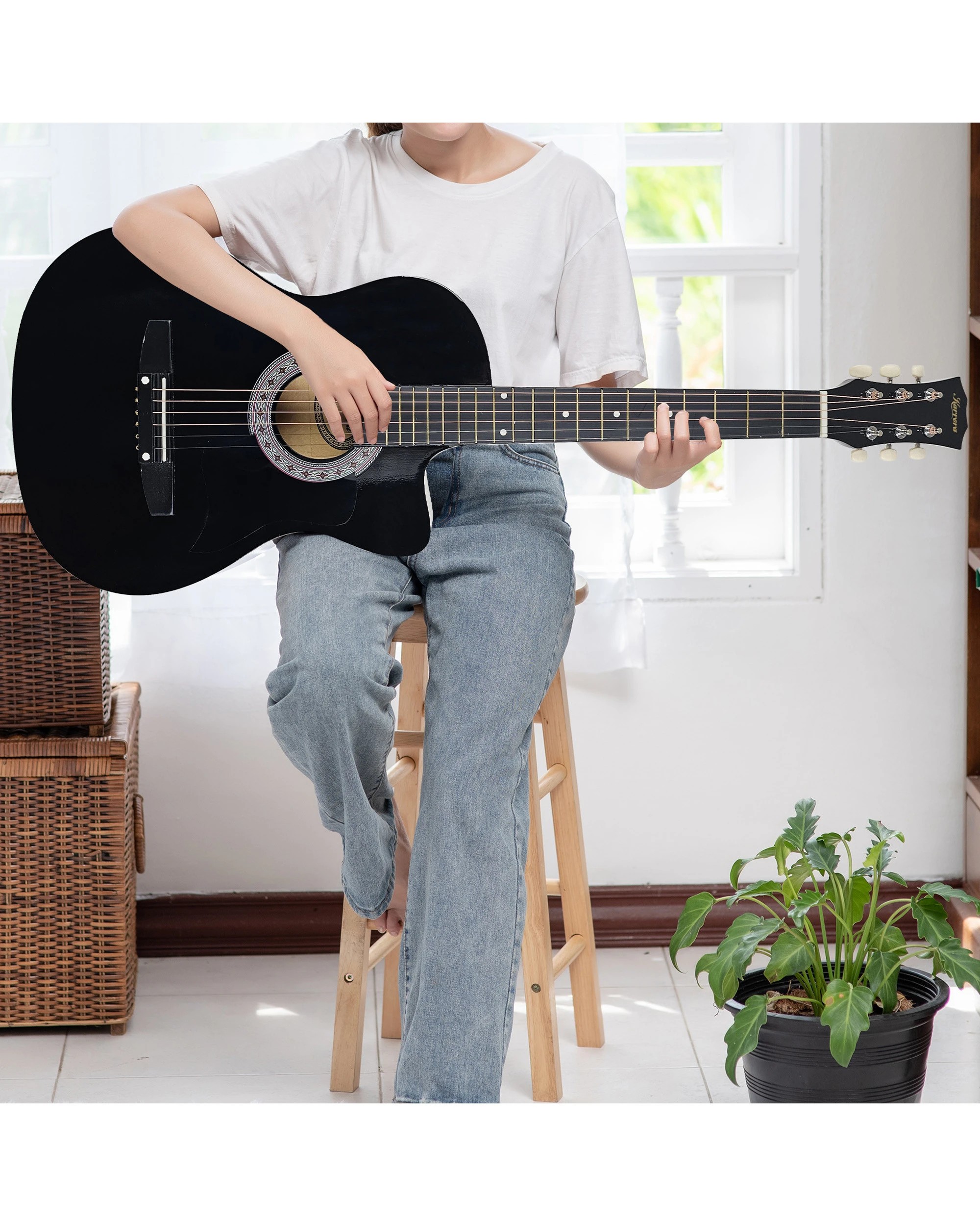 10 Karrera 38in Pro Cutaway Acoustic Guitar with Carry Bag - Black, 10 of 10