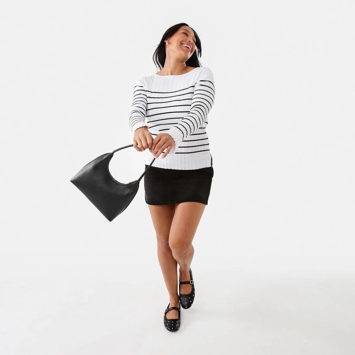 8 Long Sleeve Rib Boat Neck Top BLACK STRIPE, 8 of 9