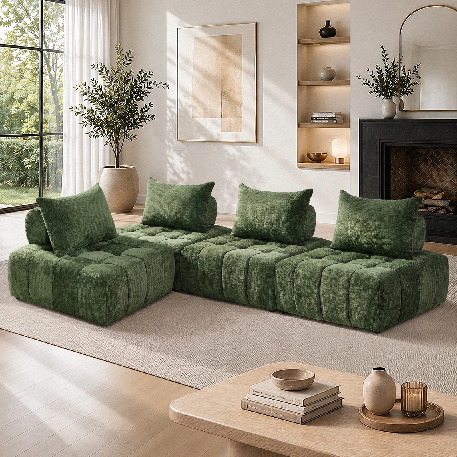 3 Oikiture 4x Chenille Modular Sofa Floor Lounge Chair w/Pillow TOFU Armless Chairs - Green, 3 of 9