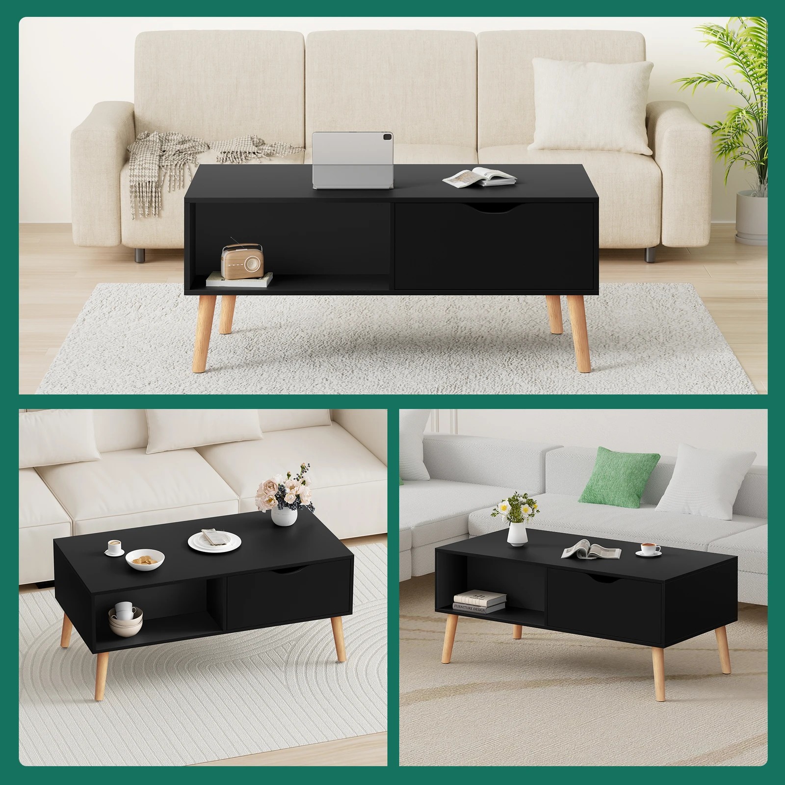 10 Alfordson Coffee Table Storage Tables 2 Drawers Shelf Modern Desk - Black, 10 of 10