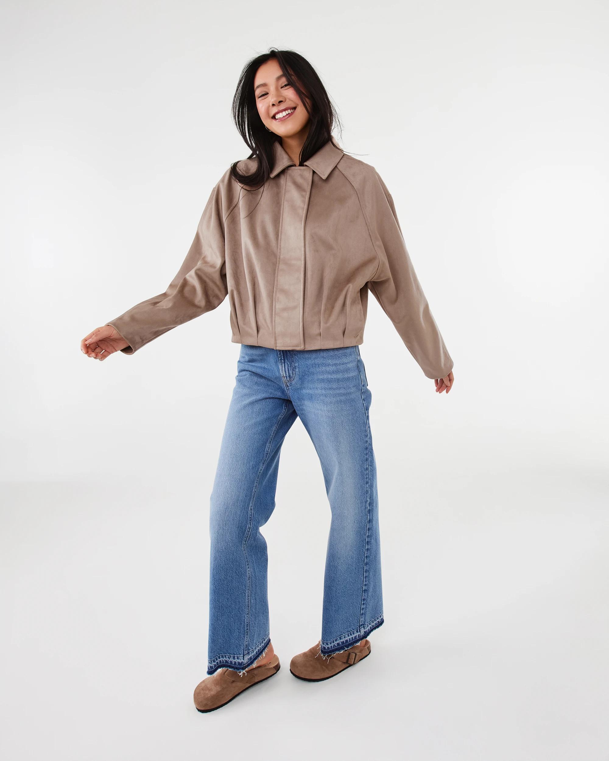 3 Suedette Bubble Hem Bomber Jacket Lt Stone, 3 of 7