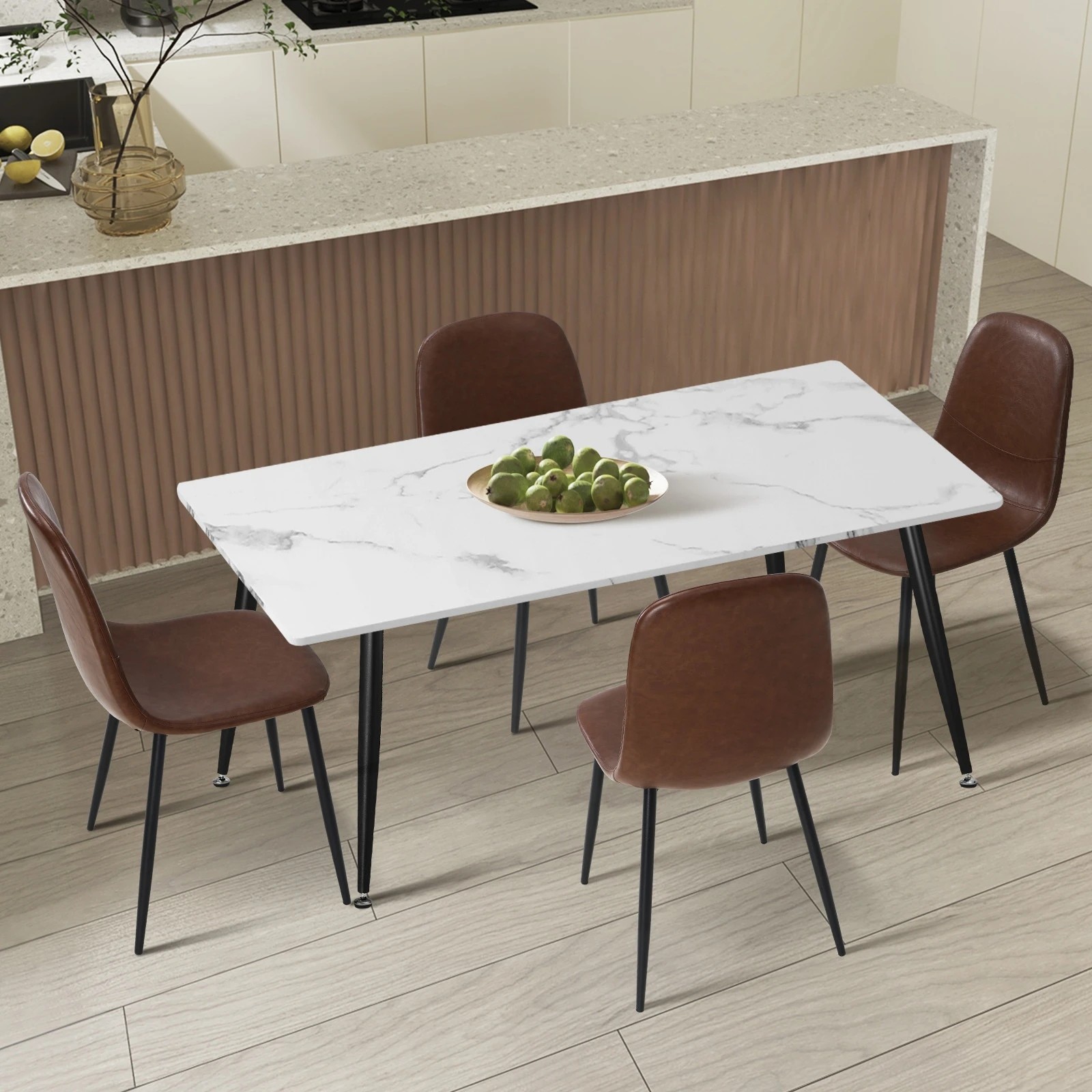 3 Oikiture 120cm Rectangle Dining Table with 4PCS Dining Chairs PU - Brown, 3 of 9