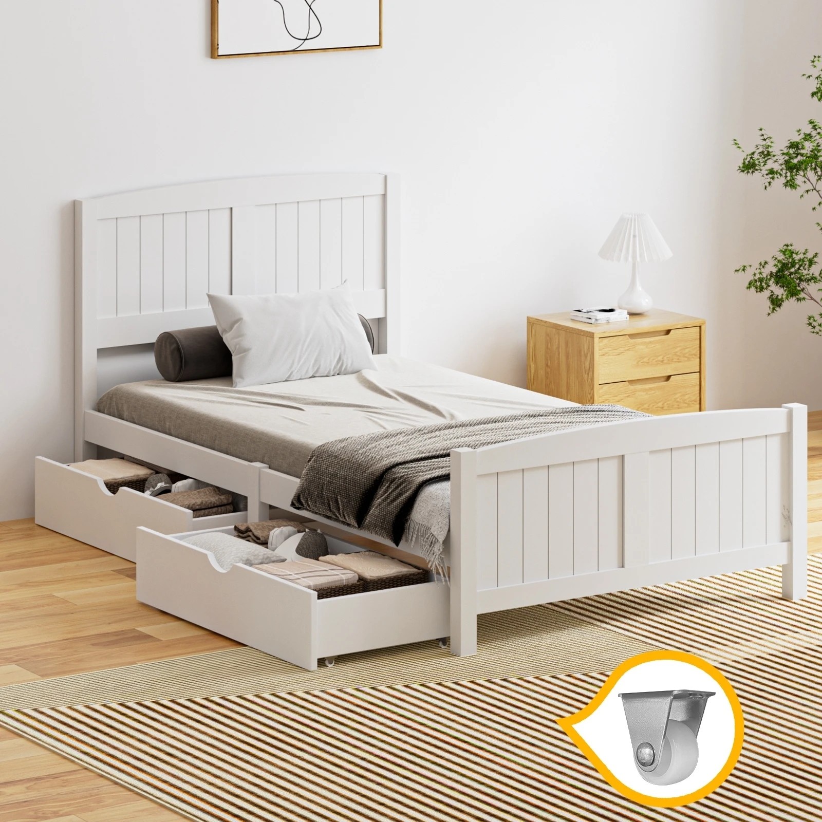 8 Oikiture Wooden Bed Frame King Single Base With Trundle Storage Drawers
 - White, 8 of 8