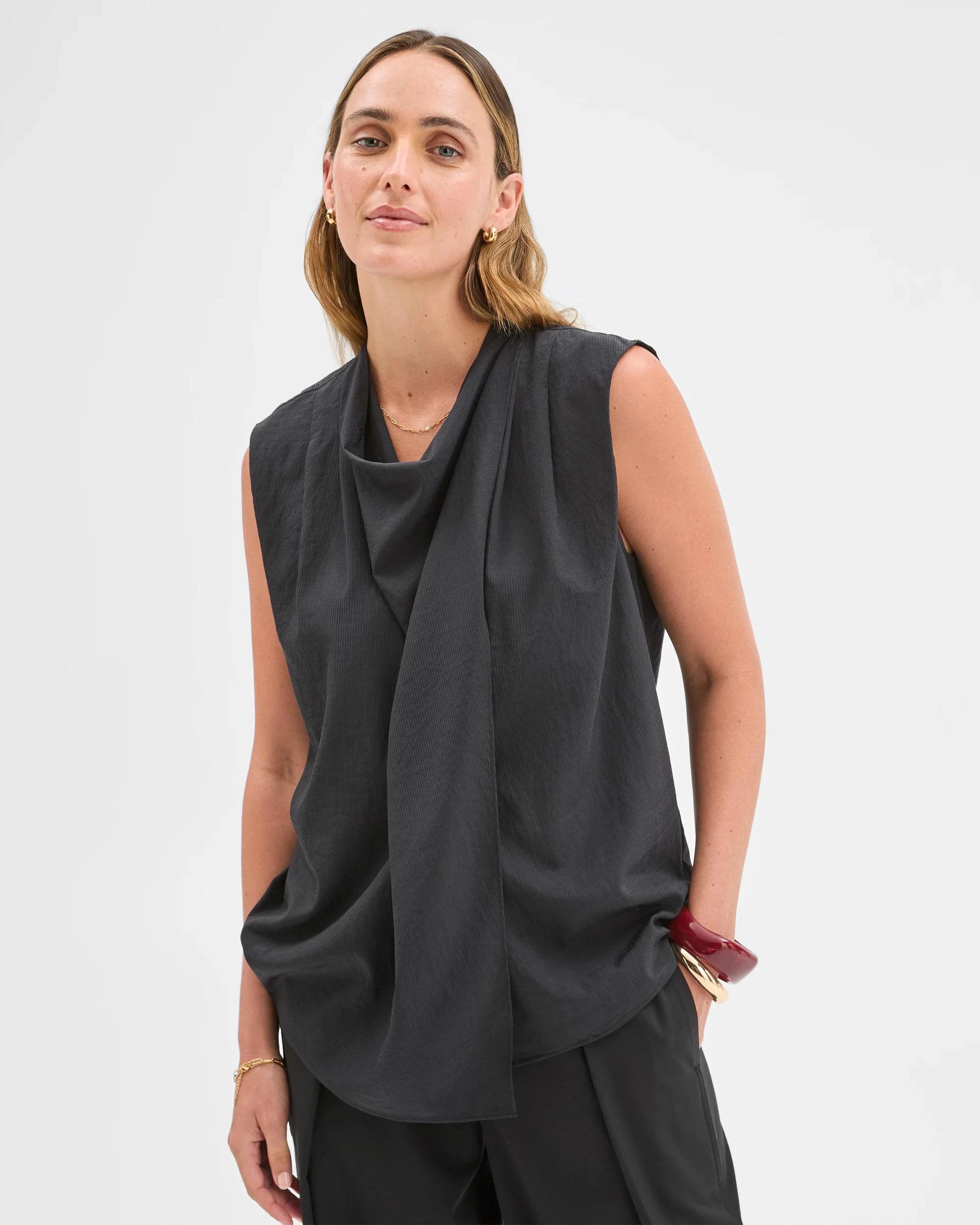 3 Target Woman Sleeveless Scarf Draped Front Blouse BLACK, 3 of 6