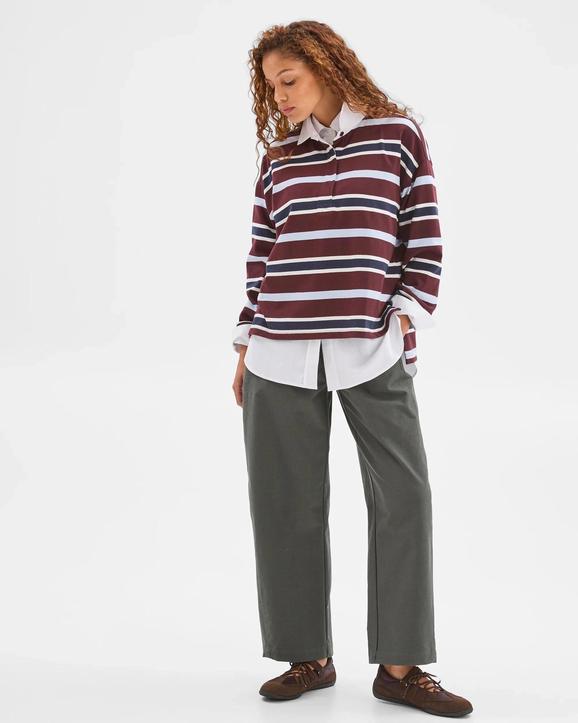 2 Target Woman Australian Cotton Long Sleeve Rugby Polo Top BURGUNDY STRIPE, 2 of 6