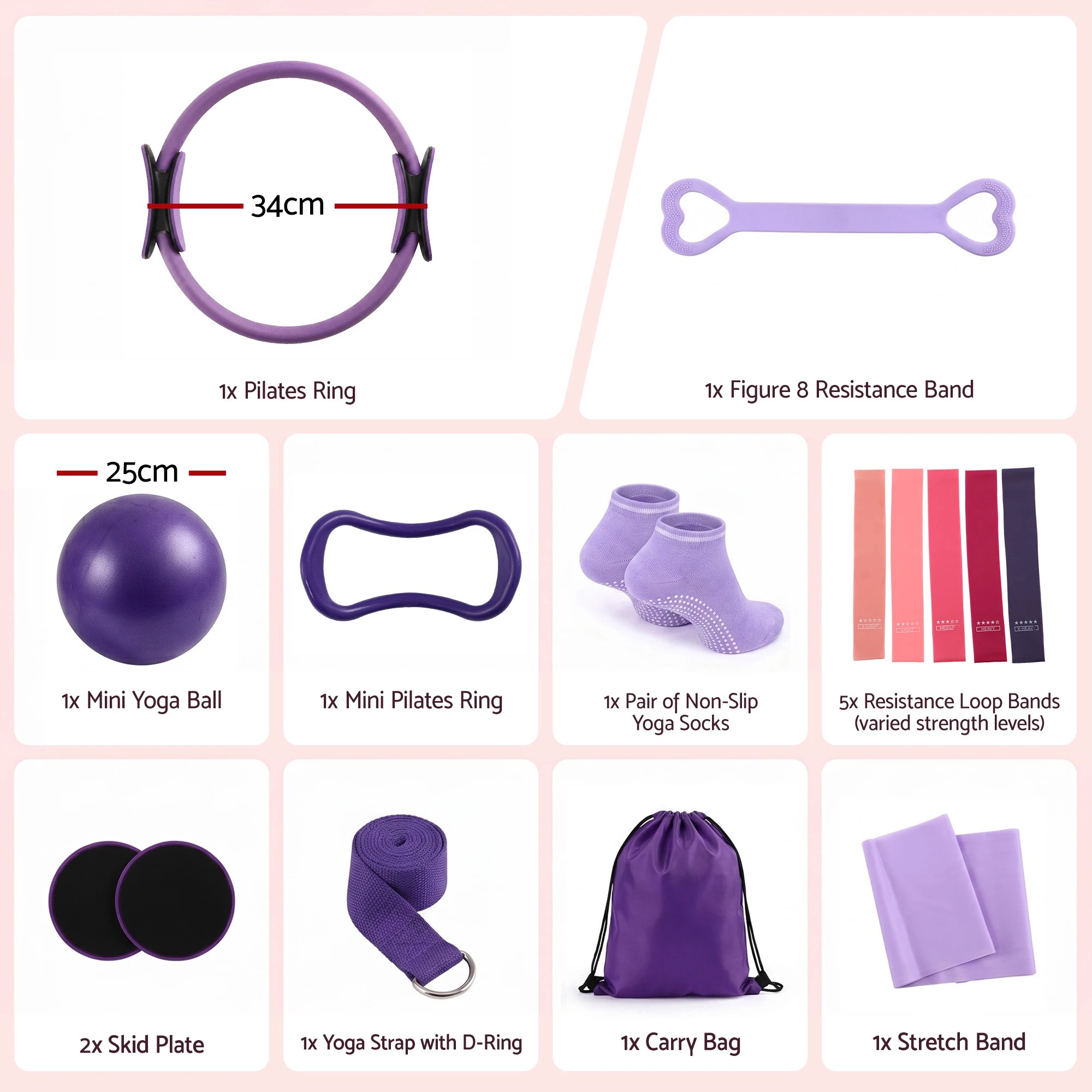 3 Everfit Pilates Ring Set 15Pcs Home Workout Fitness Equipment Yoga Ball Socks Starter Kit - Purple, 3 of 9