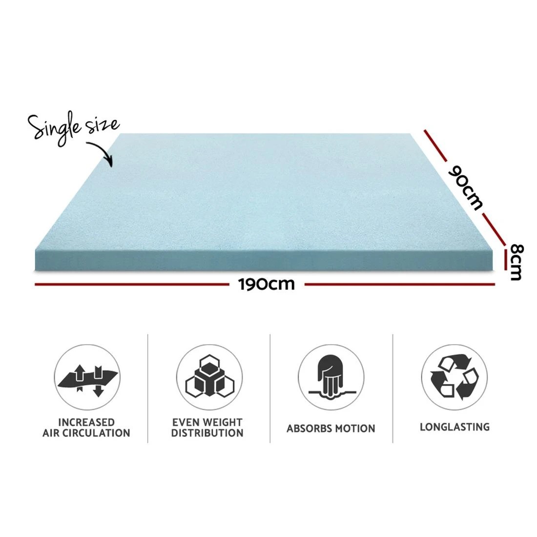1 Giselle Bedding Memory Foam Mattress Topper Cool Gel 8cm Single - Single Bed - Blue, 1 of 5