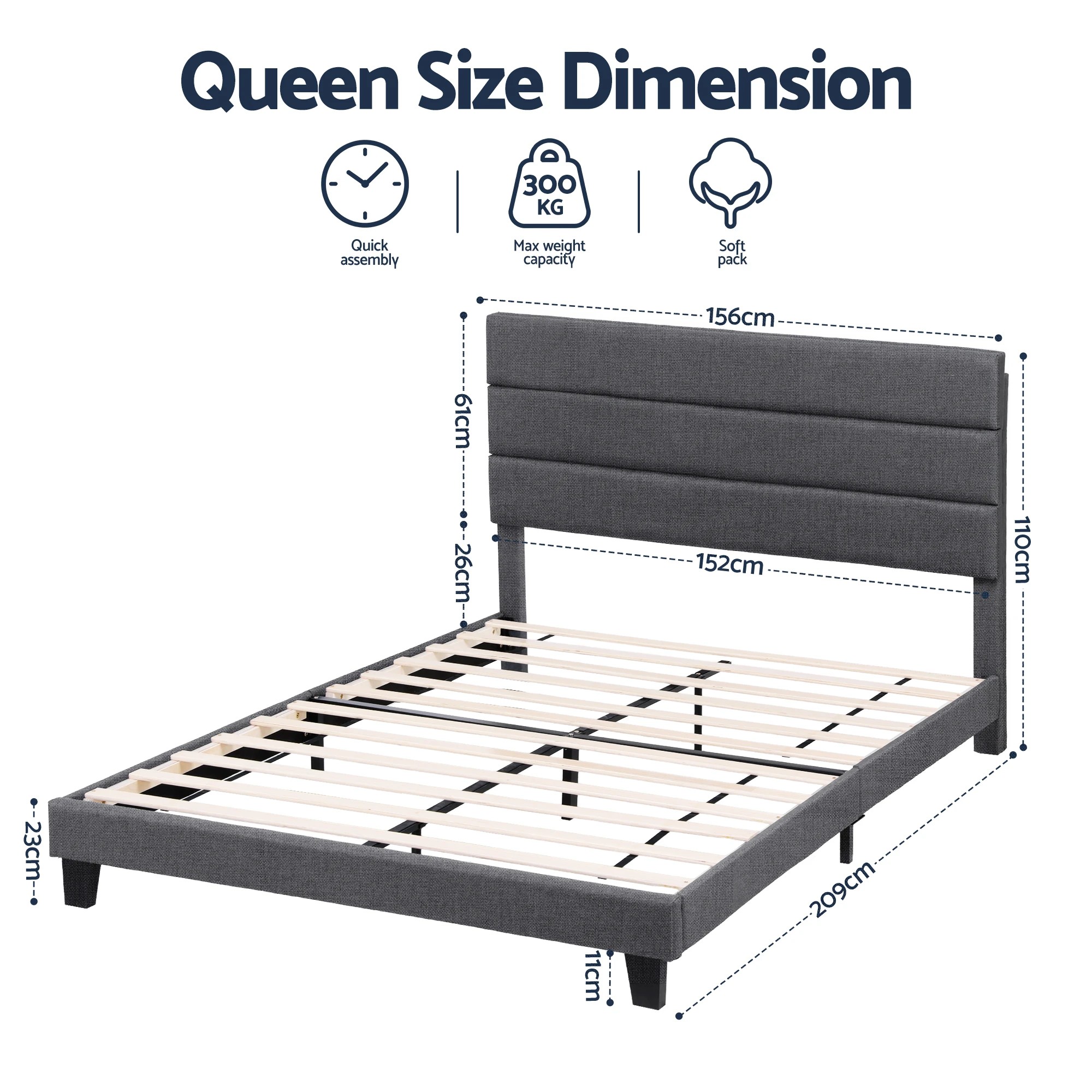 2 Artiss Queen Bed Frame Upholste Platform Base with Geometric Headboard - Charcoal, 2 of 2