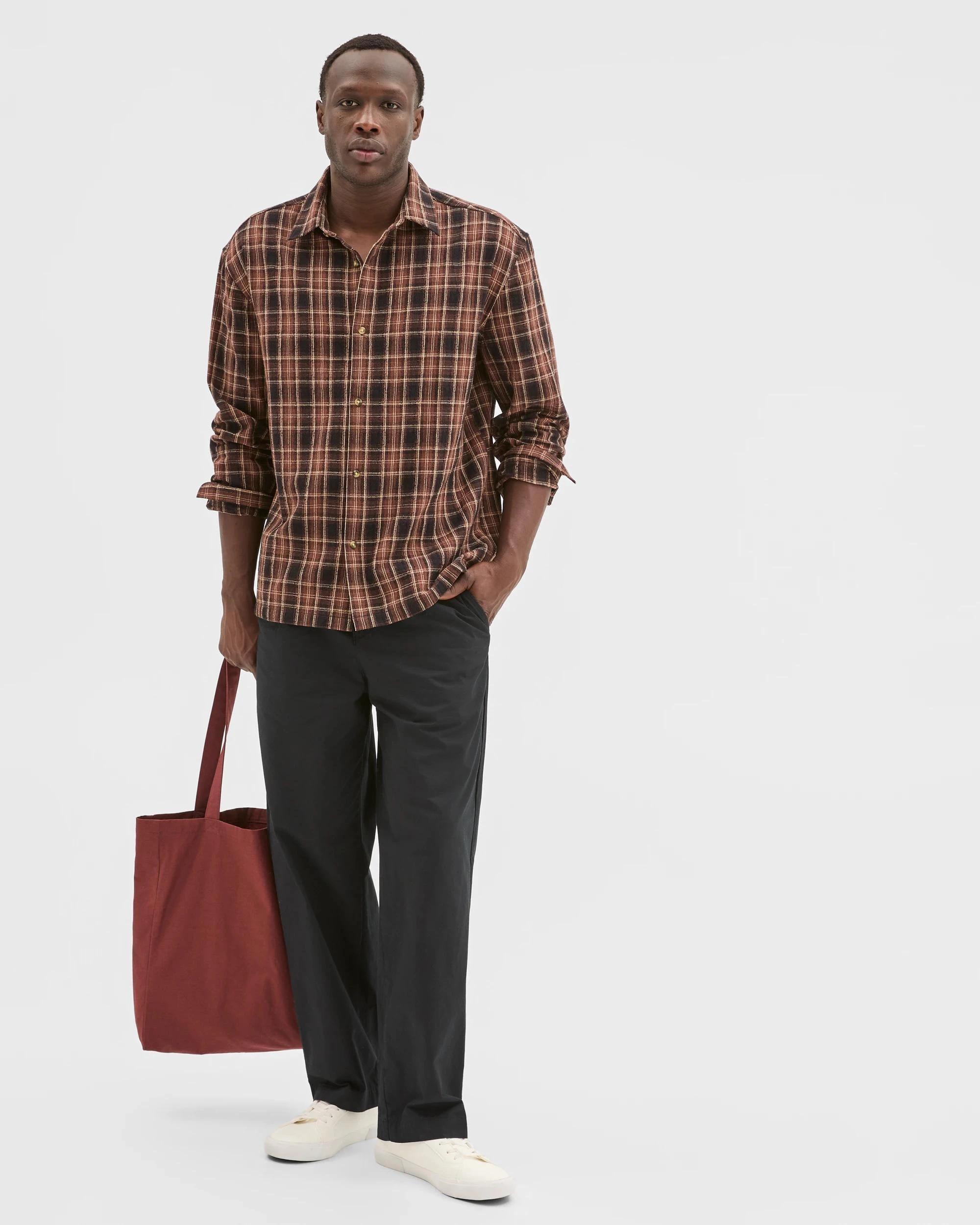 3 Commons Australian Cotton Boxy Fit Long Sleeve Textured Shirt TAN LARGE CHECK, 3 of 7